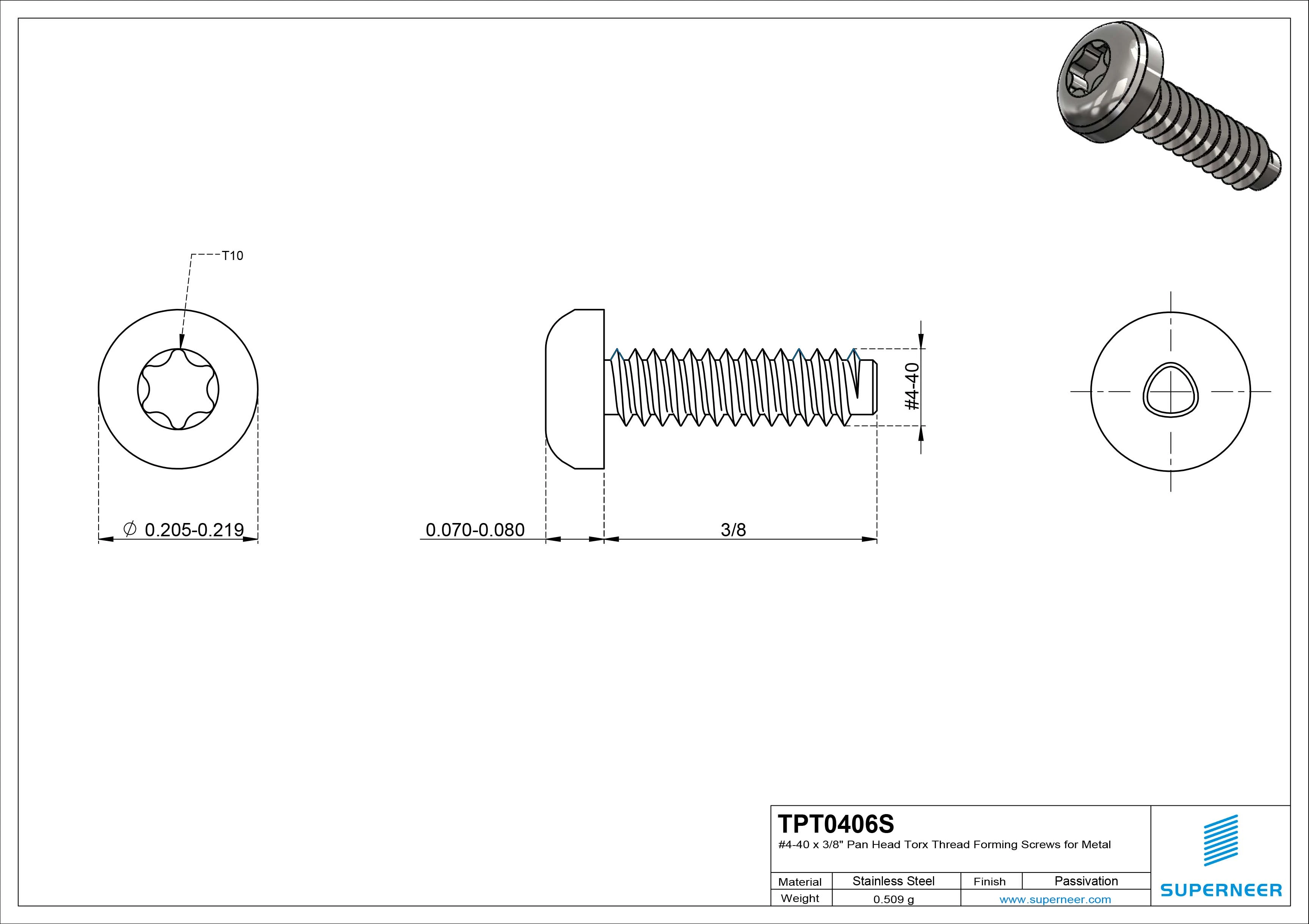 4-40 × 3/8 Pan Head Torx Thread Forming  Screws for Metal  SUS304 Stainless Steel Inox