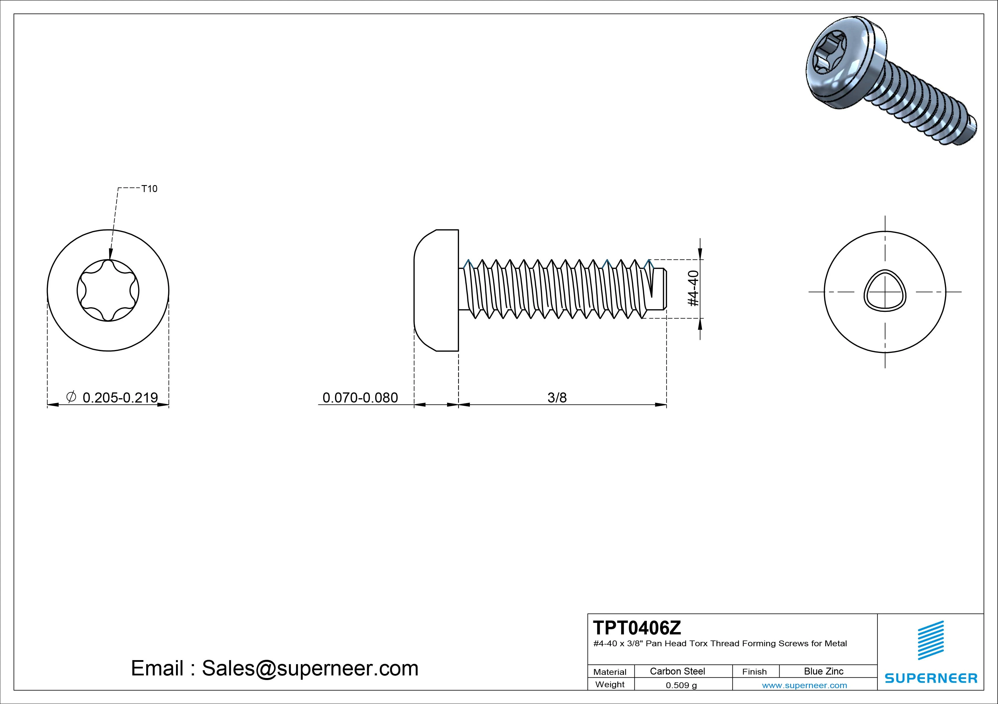 4-40 × 3/8 Pan Head Torx Thread Forming  Screws for Metal  Steel Blue Zinc Plated