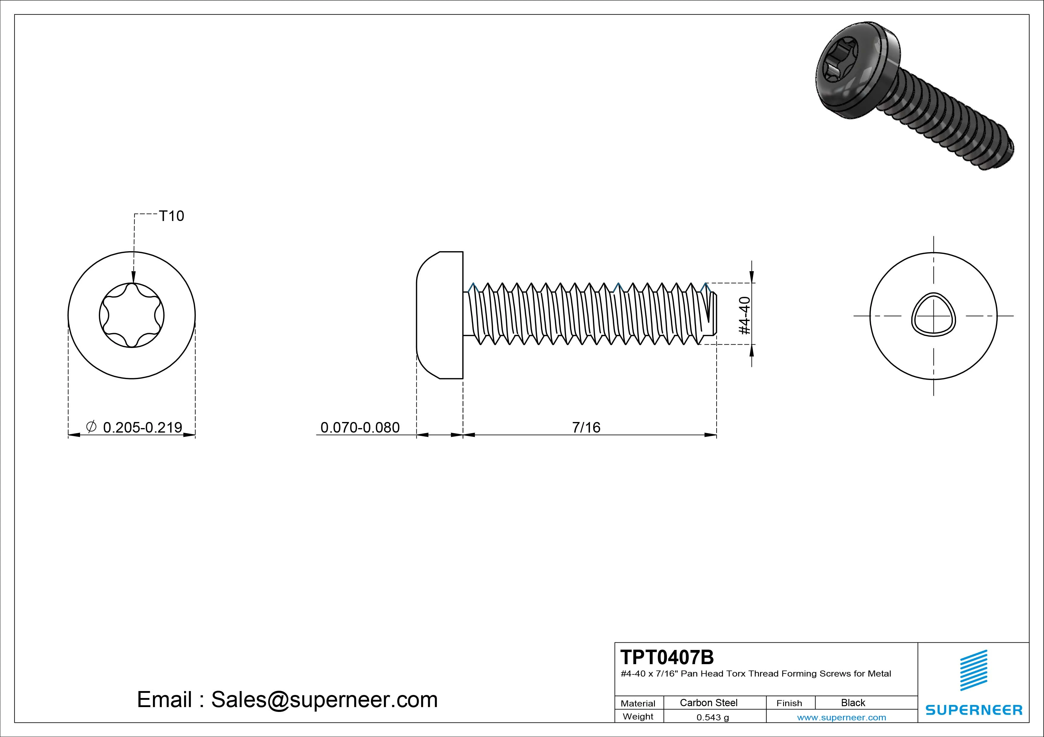 4-40 × 7/16 Pan Head Torx Thread Forming  Screws for Metal  Steel Black