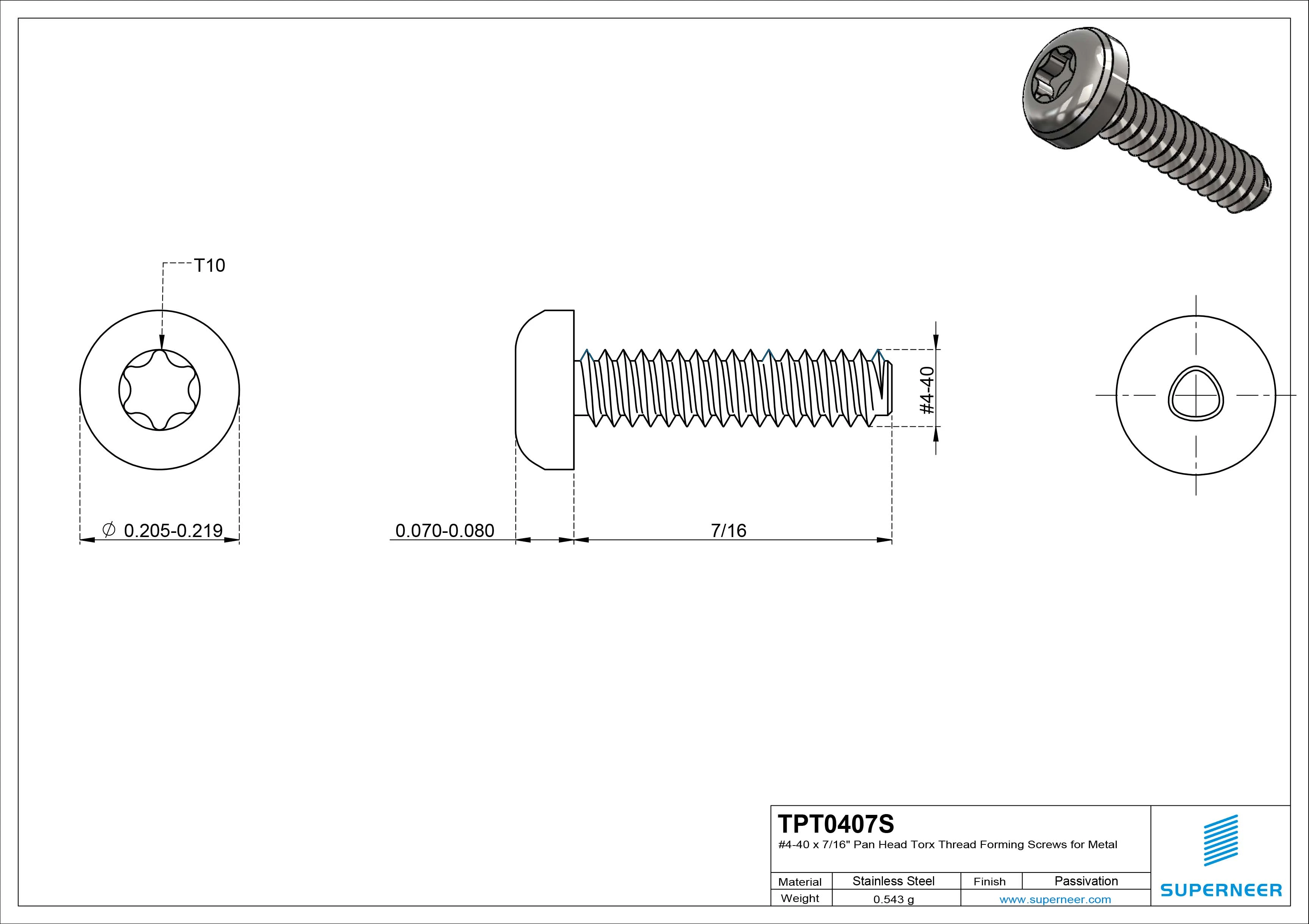 4-40 × 7/16 Pan Head Torx Thread Forming  Screws for Metal  SUS304 Stainless Steel Inox