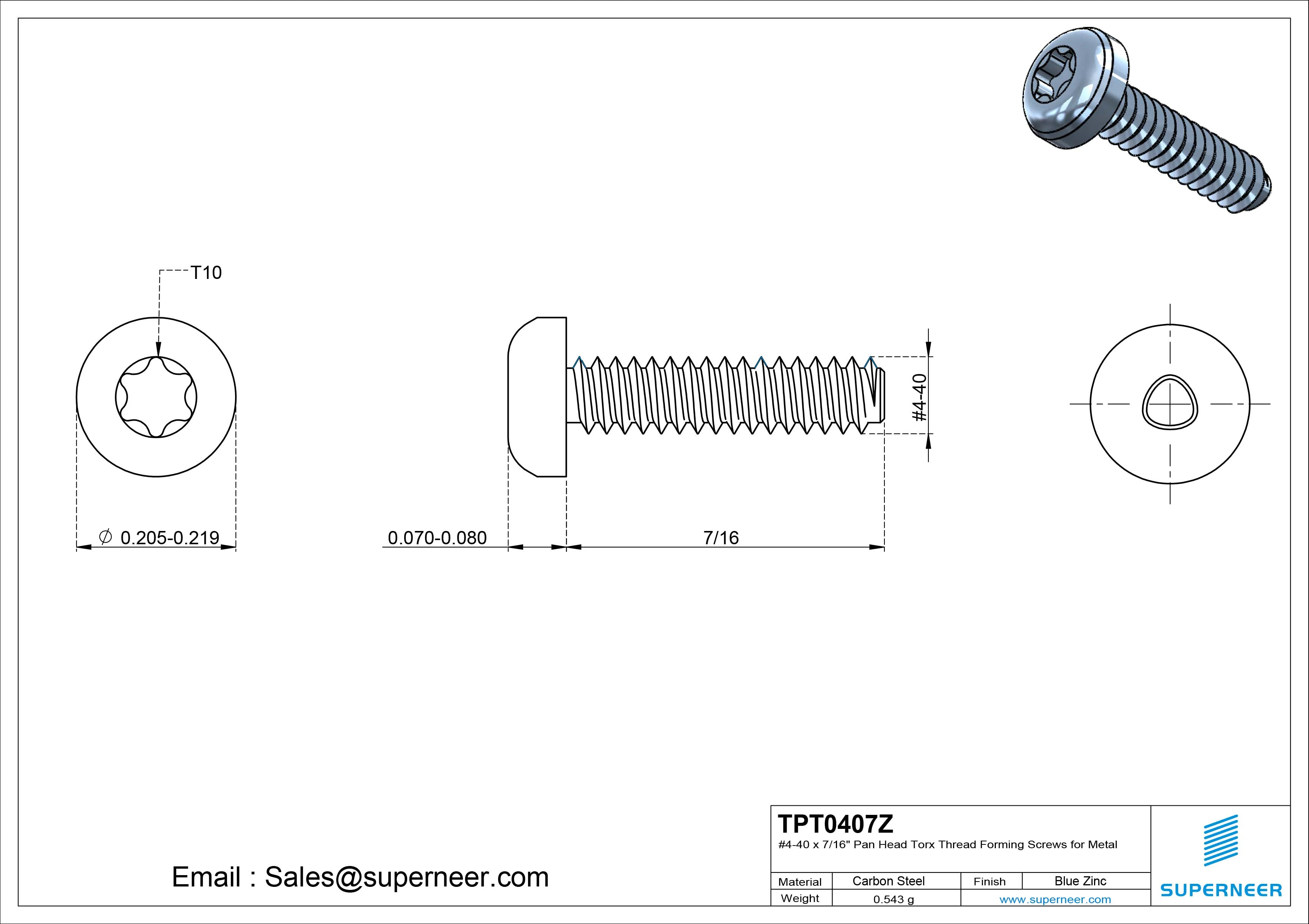 4-40 × 7/16 Pan Head Torx Thread Forming  Screws for Metal  Steel Blue Zinc Plated