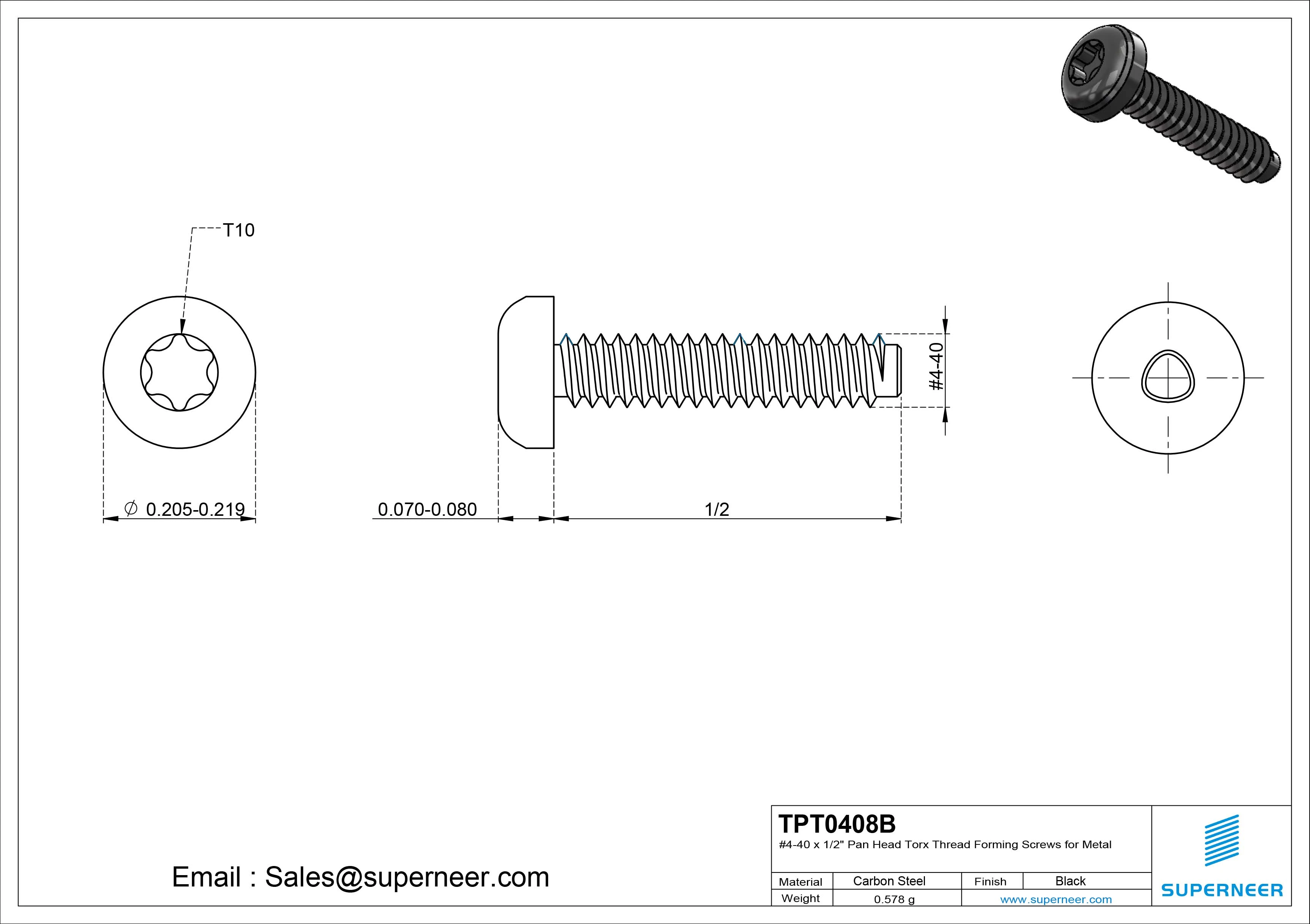 4-40 × 1/2 Pan Head Torx Thread Forming  Screws for Metal  Steel Black