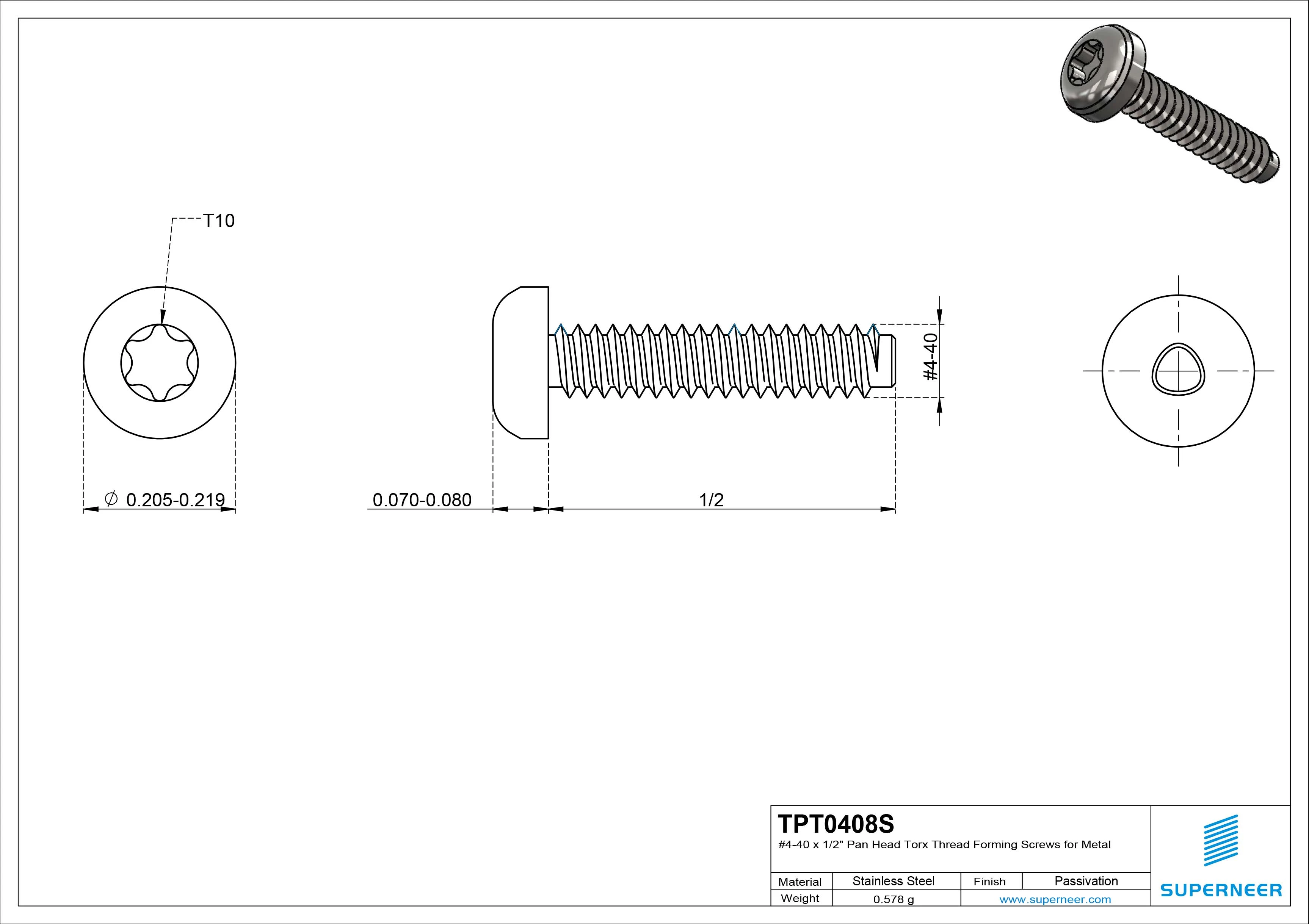 4-40 × 1/2 Pan Head Torx Thread Forming  Screws for Metal  SUS304 Stainless Steel Inox