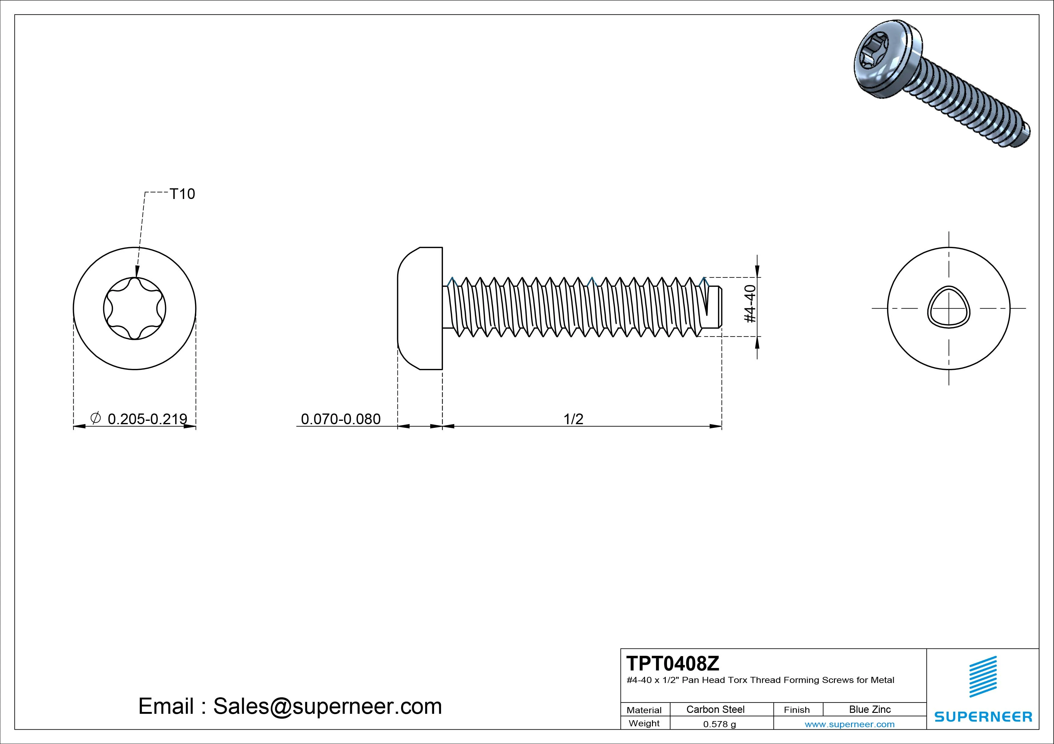 4-40 × 1/2 Pan Head Torx Thread Forming  Screws for Metal  Steel Blue Zinc Plated