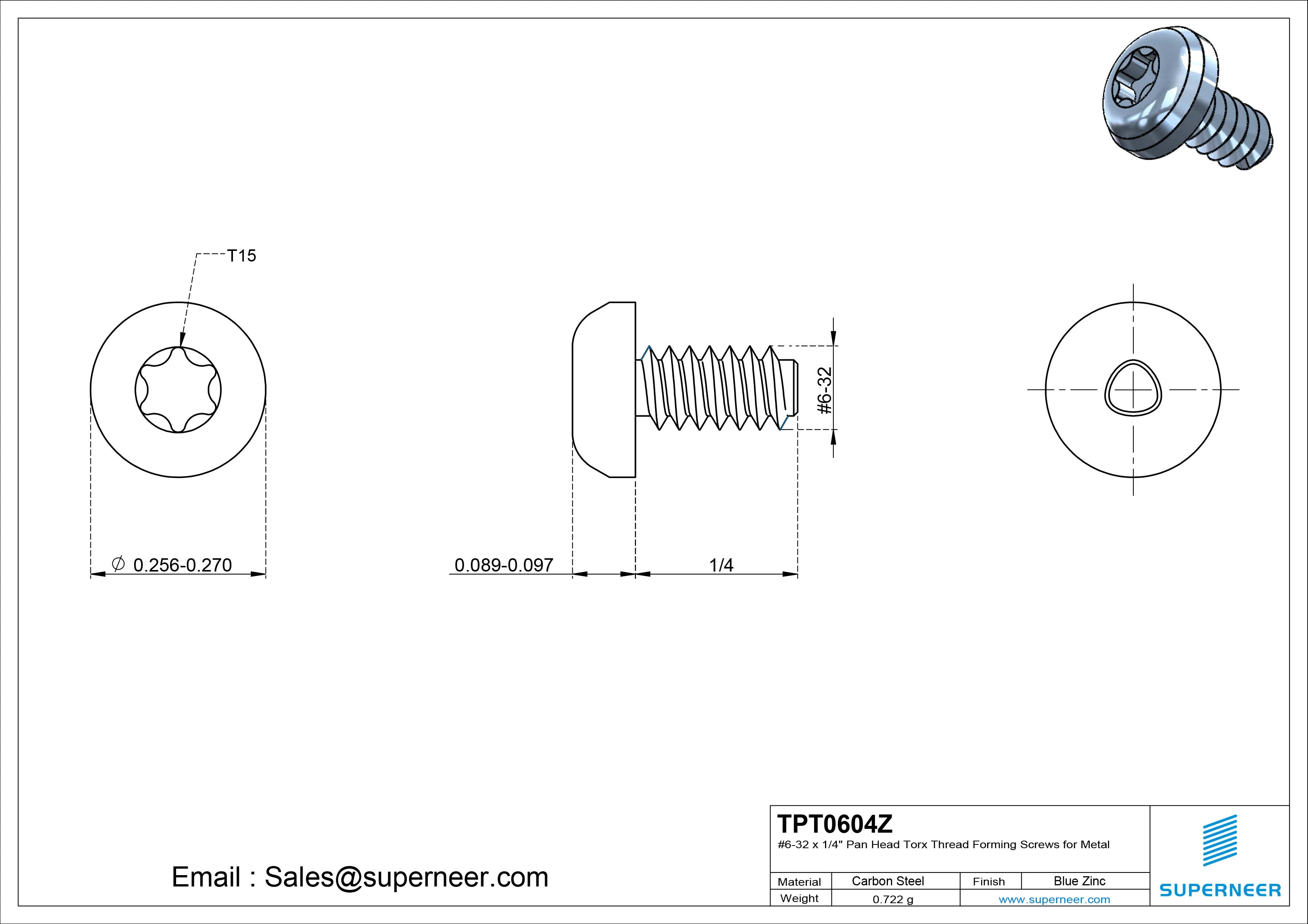 6-32 × 1/4 Pan Head Torx Thread Forming  Screws for Metal  Steel Blue Zinc Plated