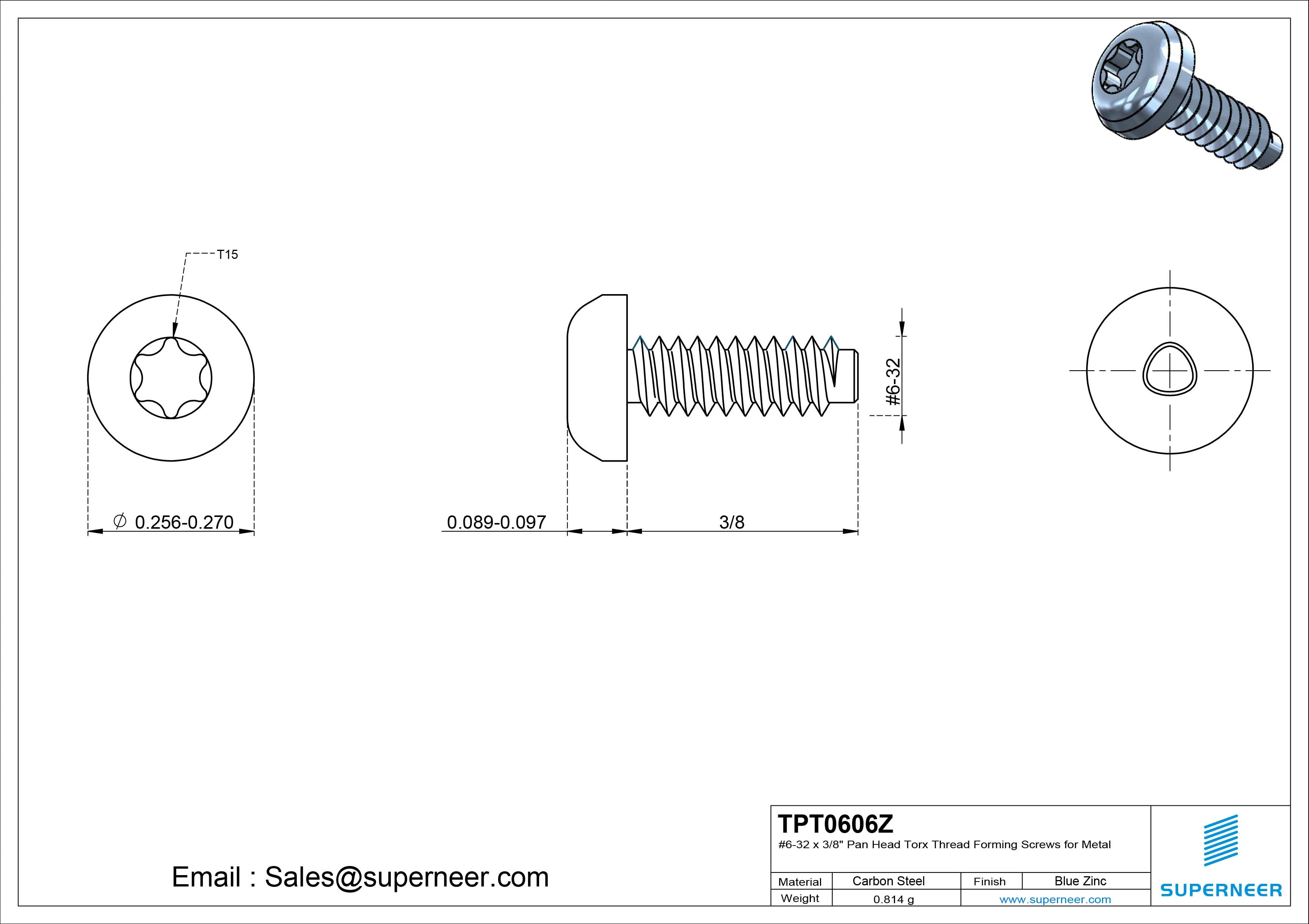 6-32 × 3/8 Pan Head Torx Thread Forming  Screws for Metal  Steel Blue Zinc Plated