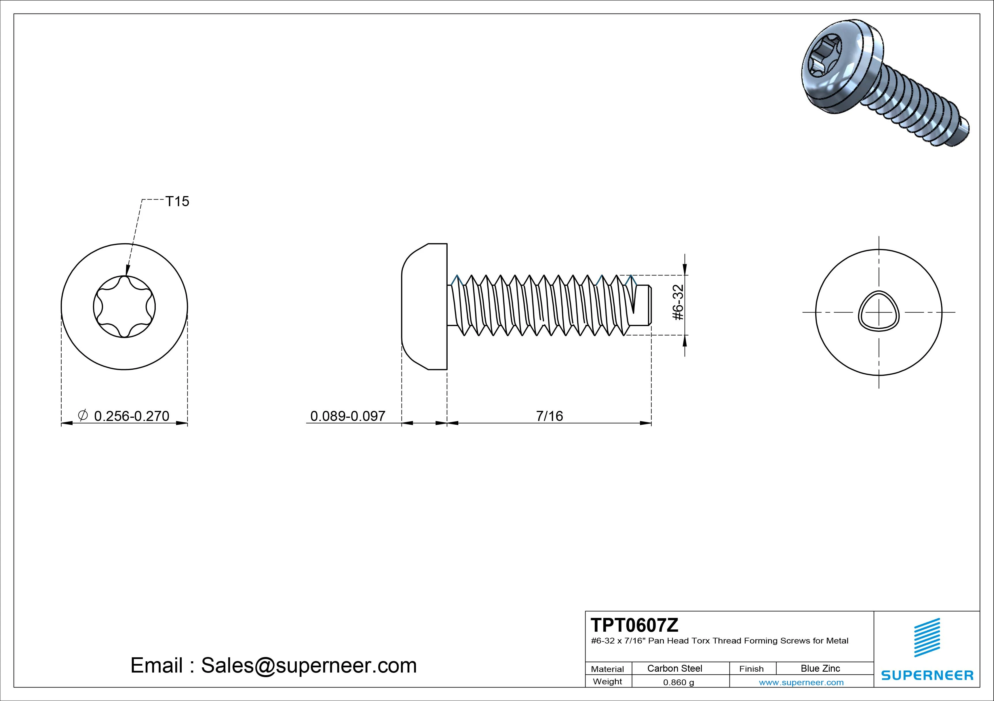 6-32 × 7/16 Pan Head Torx Thread Forming  Screws for Metal  Steel Blue Zinc Plated