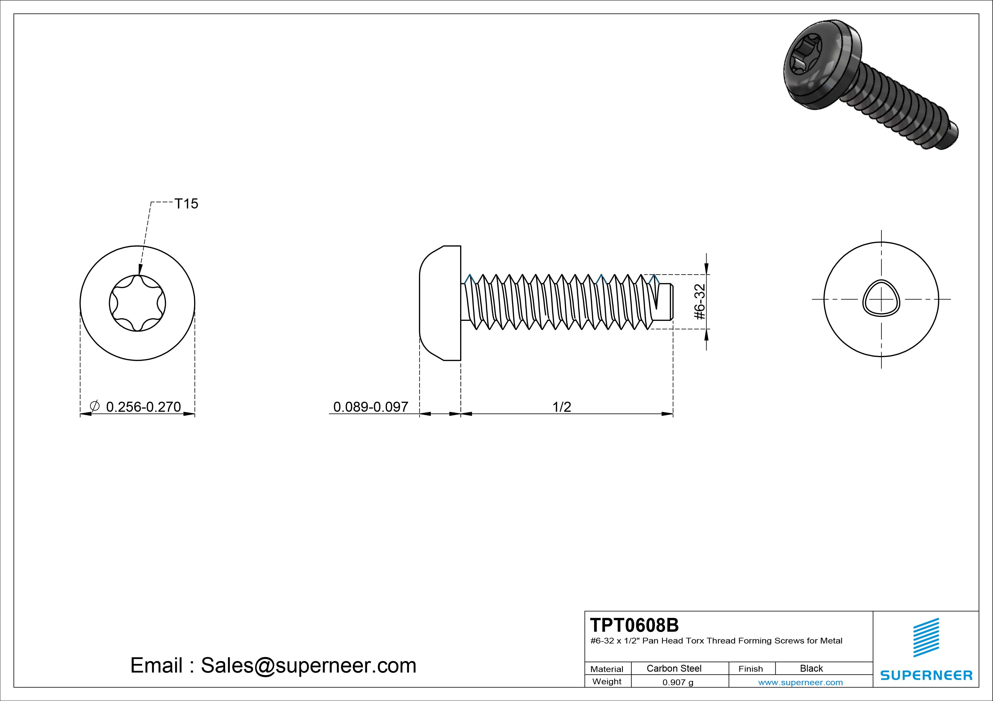 6-32 × 1/2 Pan Head Torx Thread Forming  Screws for Metal  Steel Black