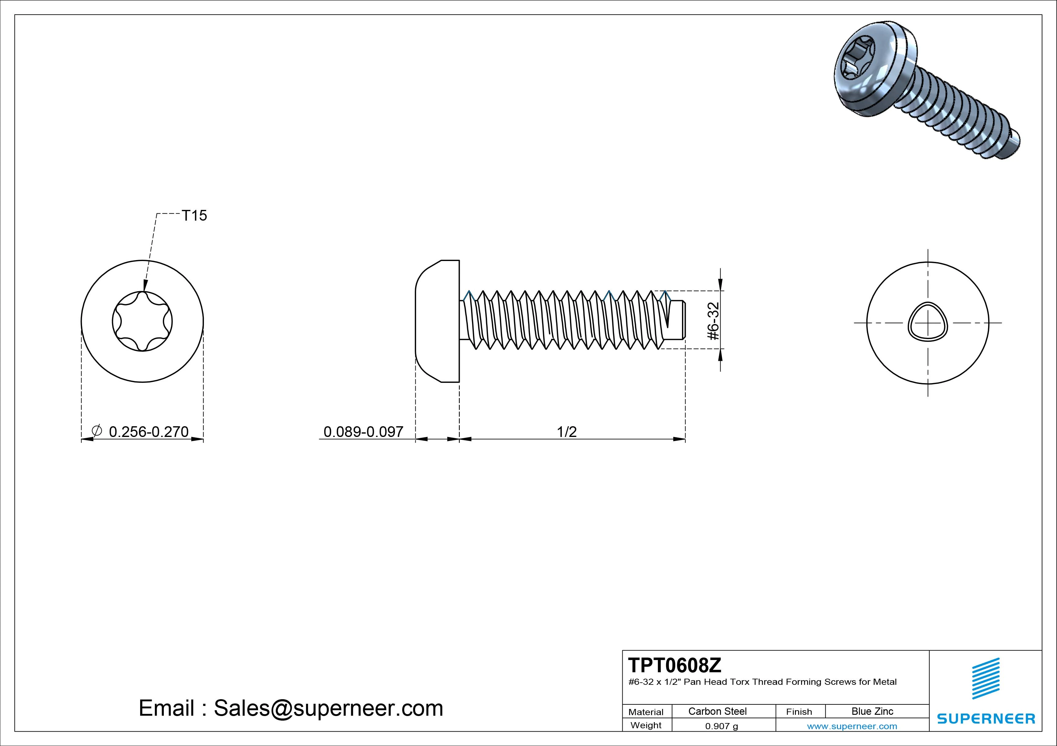 6-32 × 1/2 Pan Head Torx Thread Forming  Screws for Metal  Steel Blue Zinc Plated