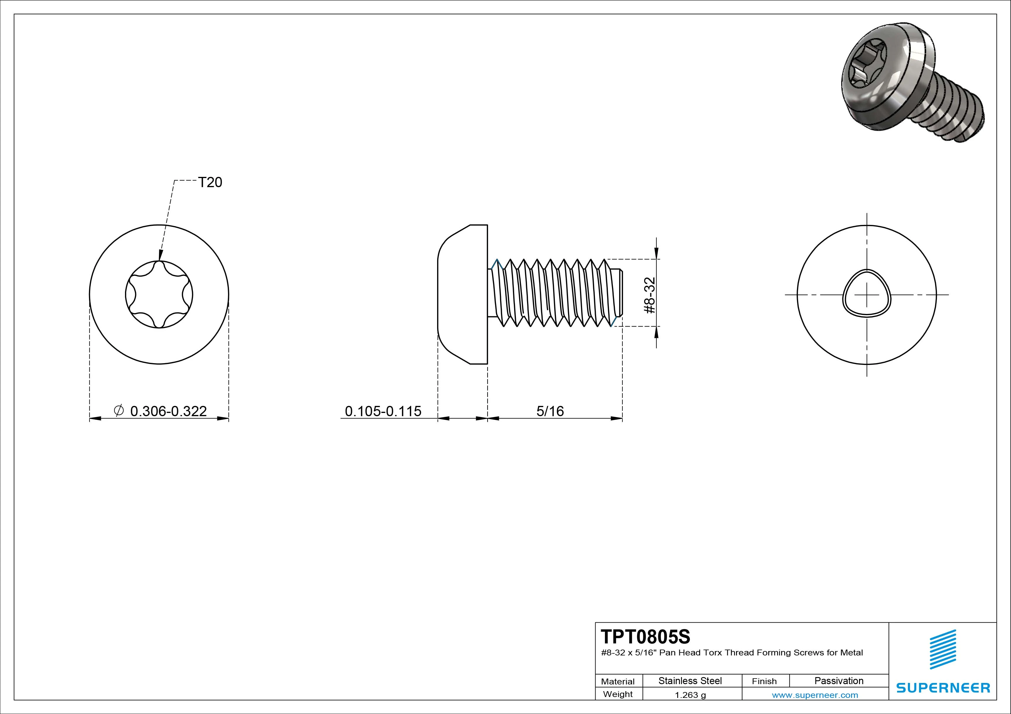 8-32 × 5/16 Pan Head Torx Thread Forming  Screws for Metal  SUS304 Stainless Steel Inox