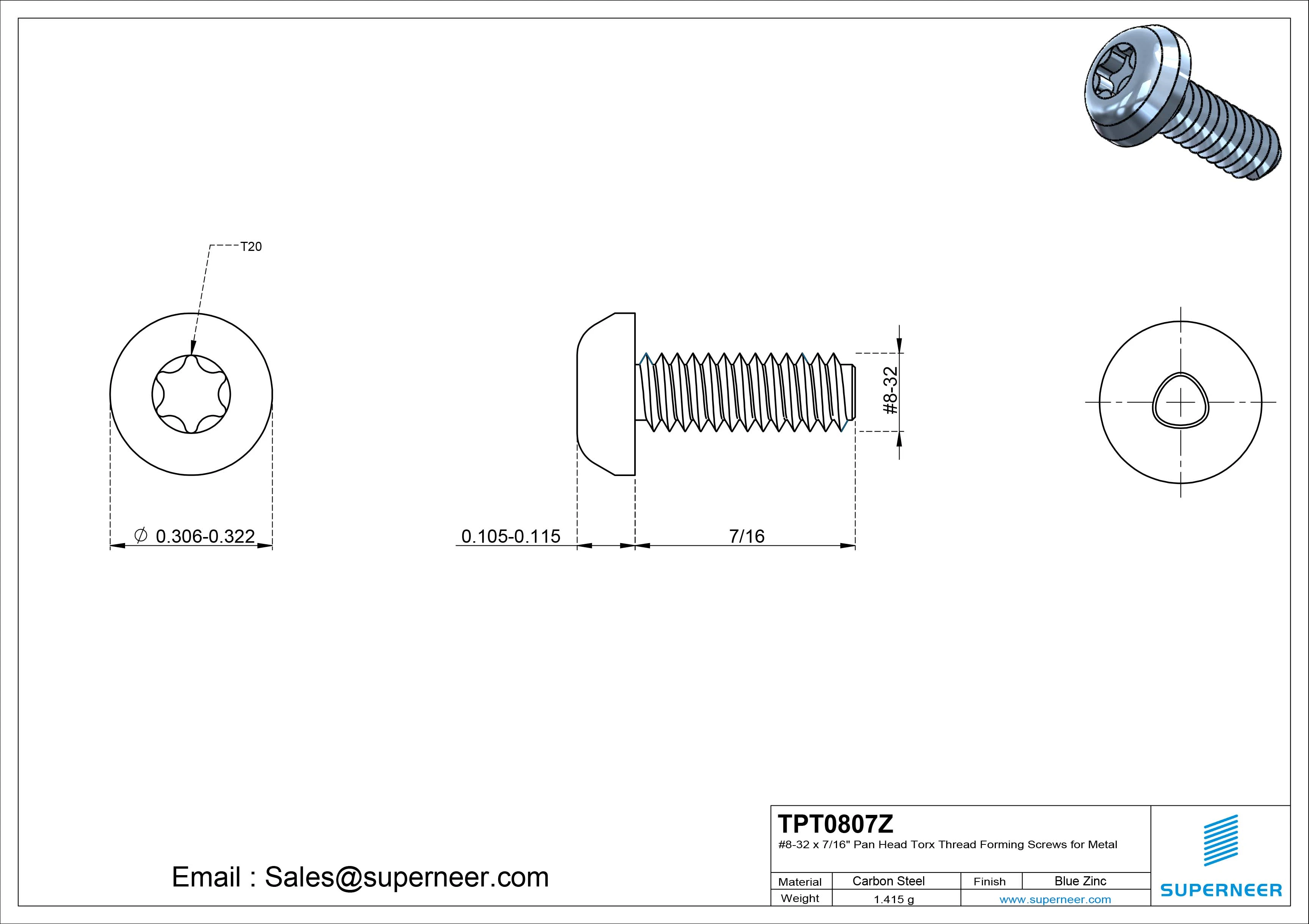 8-32 × 7/16 Pan Head Torx Thread Forming  Screws for Metal  Steel Blue Zinc Plated