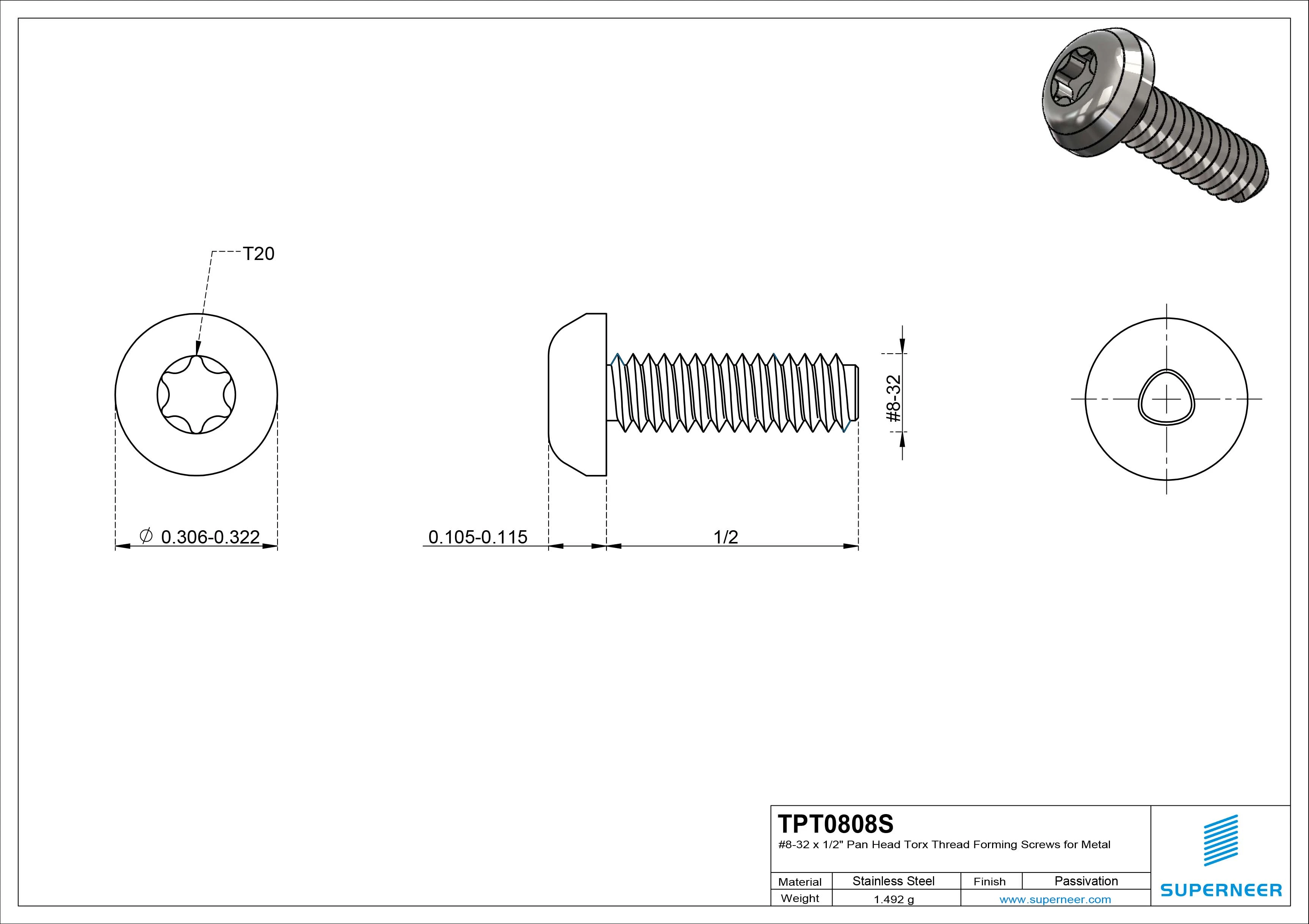 8-32 × 1/2 Pan Head Torx Thread Forming  Screws for Metal  SUS304 Stainless Steel Inox