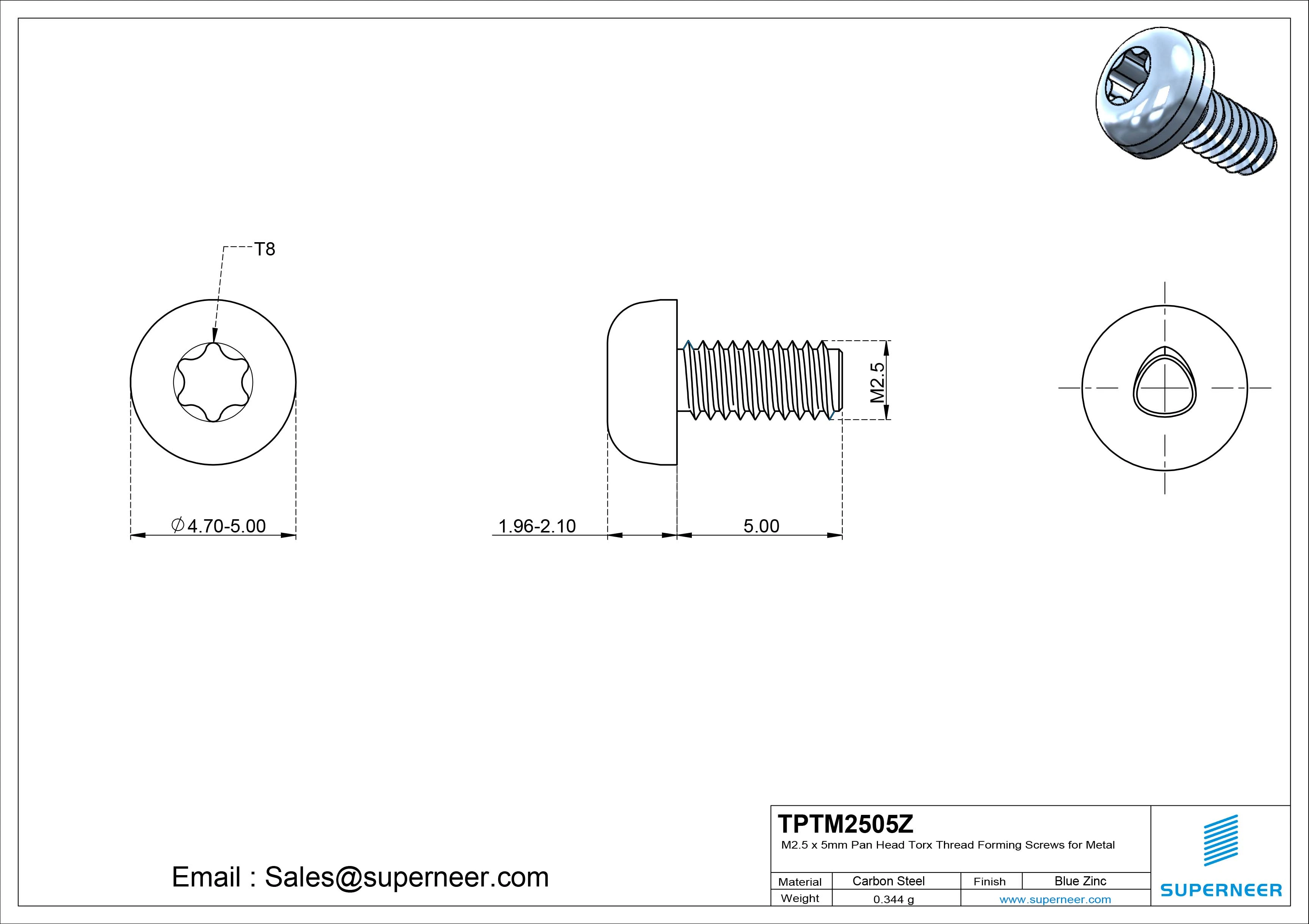 M2.5 × 5mm Pan Head Torx Thread Rolling Screws for Metal Steel Blue Zinc Plated