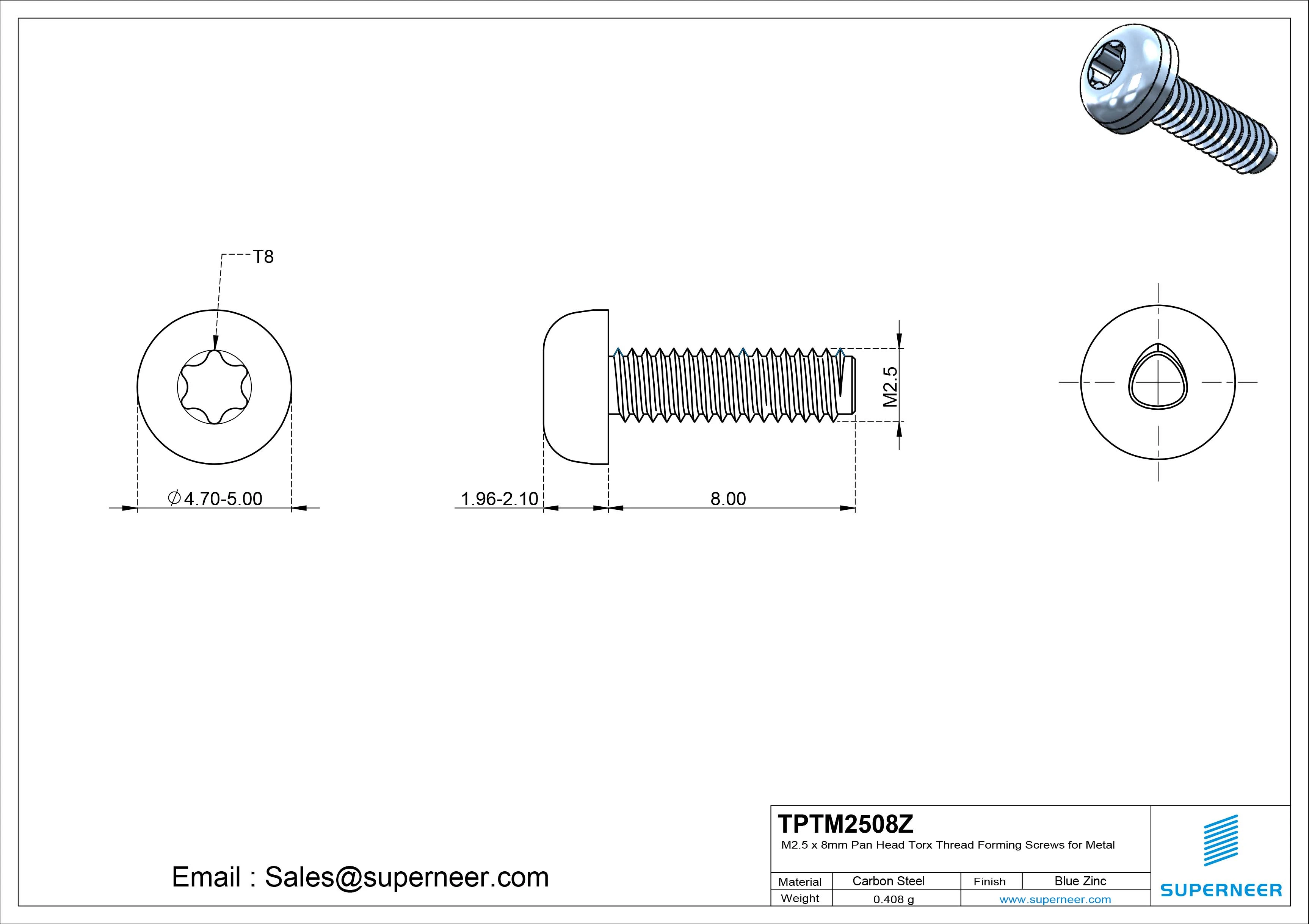 M2.5 × 8mm Pan Head Torx Thread Rolling Screws for Metal Steel Blue Zinc Plated