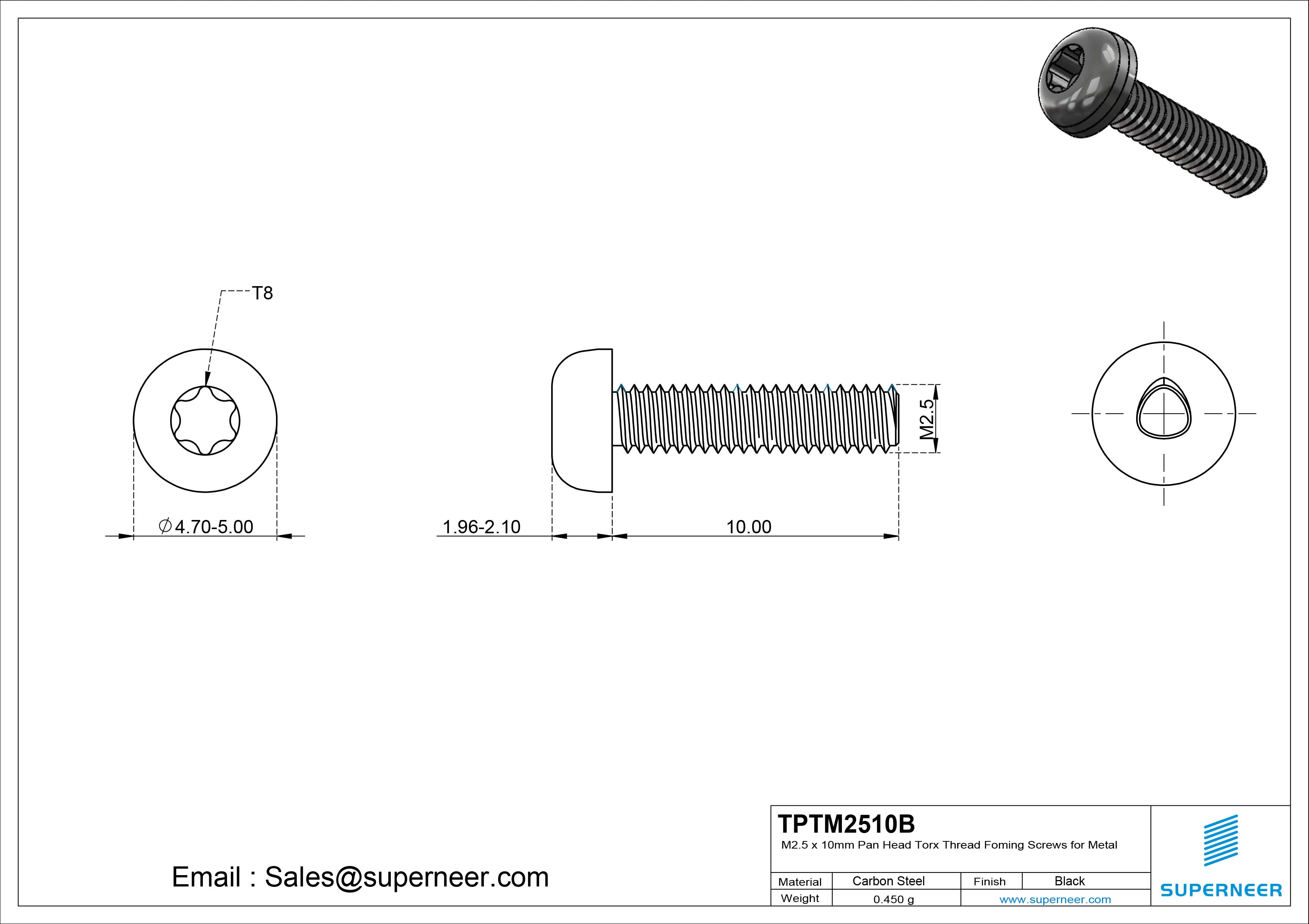 M2.5 × 10mm Pan Head Torx Thread Forming Screws for Metal Steel Black