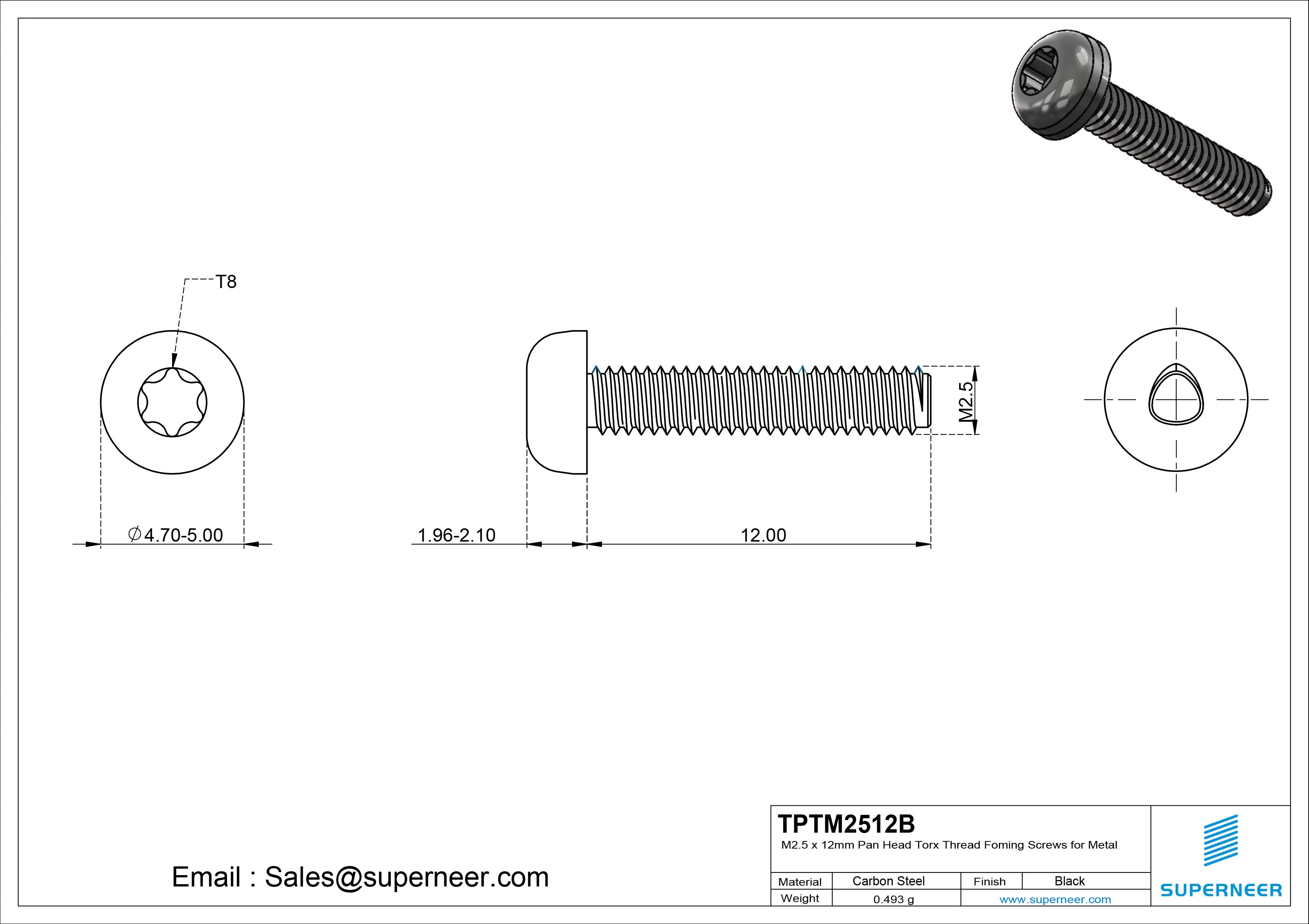 M2.5 × 12mm Pan Head Torx Thread Forming Screws for Metal Steel Black