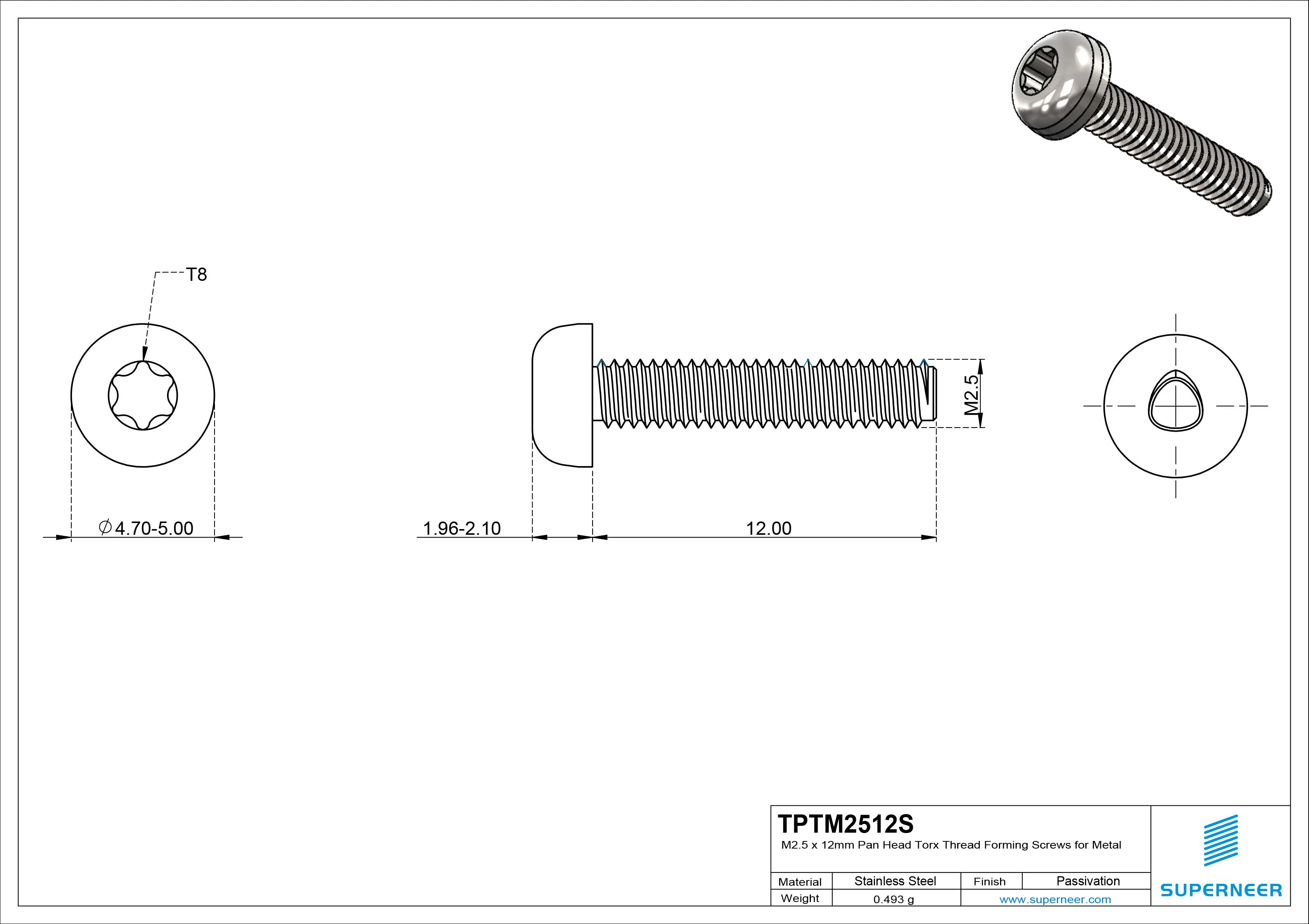 M2.5 × 12mm Pan Head Torx Thread Forming Screws for Metal SUS304 Stainless Steel Inox