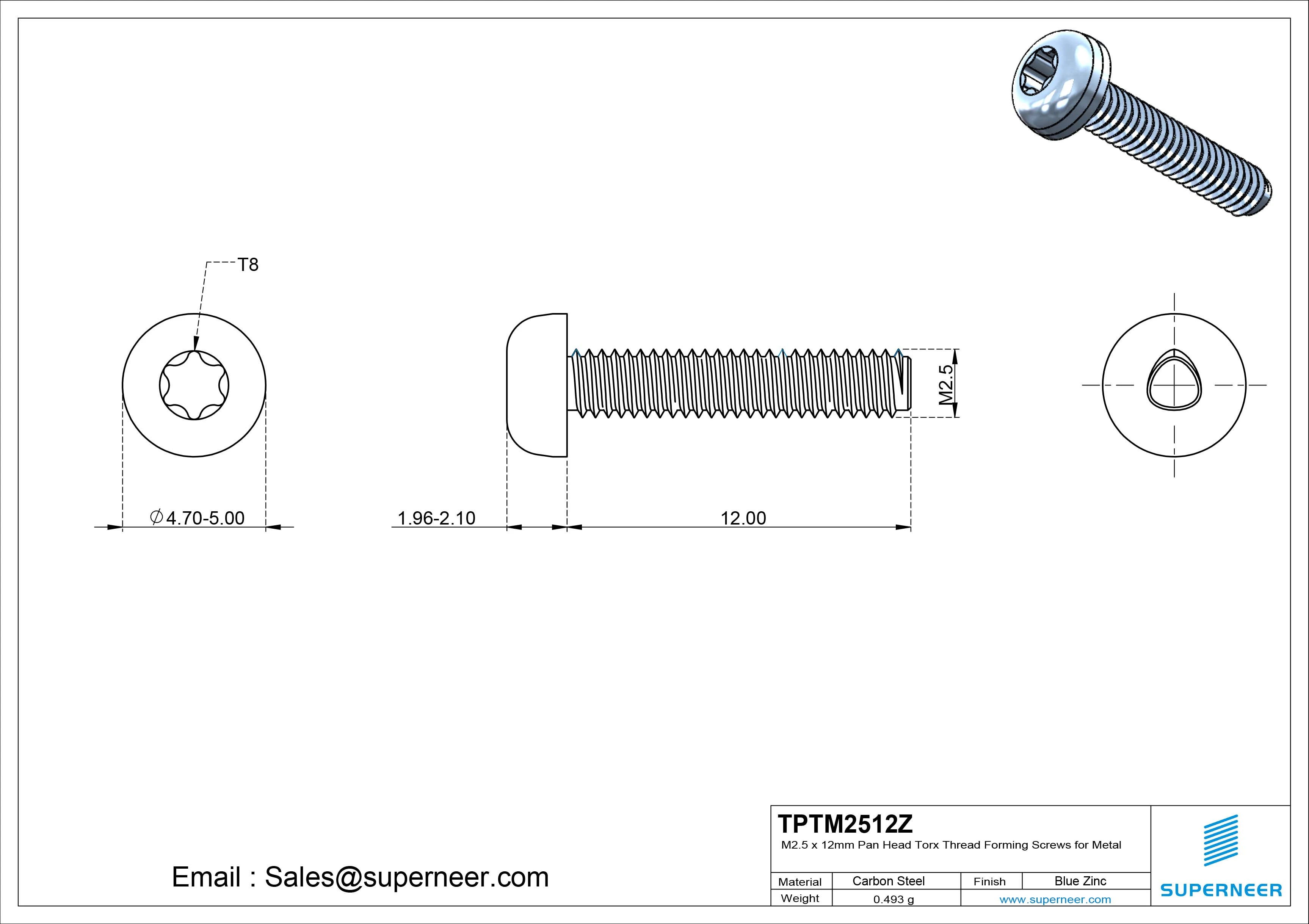 M2.5 × 12mm Pan Head Torx Thread Rolling Screws for Metal Steel Blue Zinc Plated