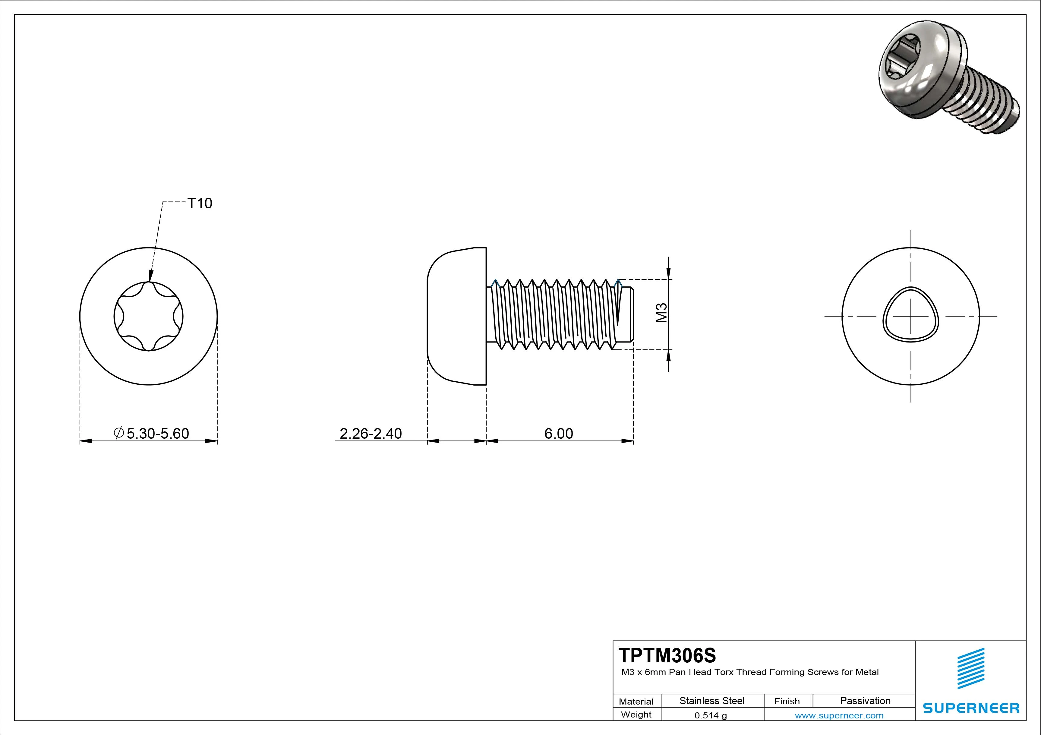 M3 × 6mm Pan Head Torx Thread Forming Screws for Metal SUS304 Stainless Steel Inox