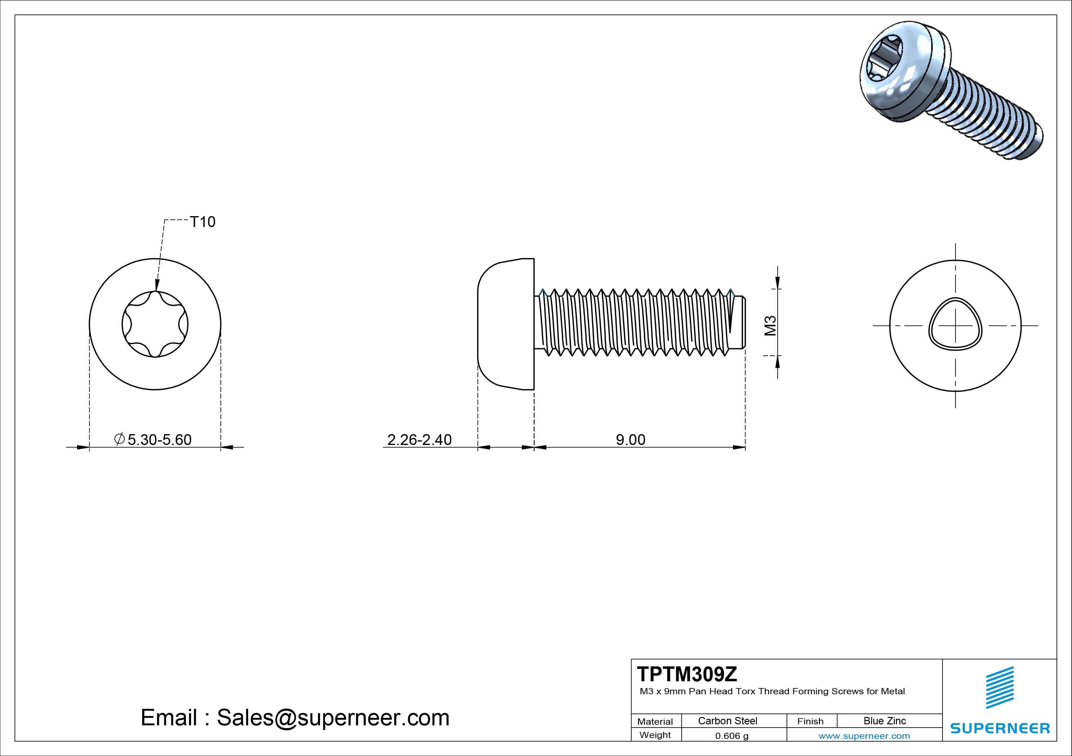 M3 × 9mm Pan Head Torx Thread Rolling Screws for Metal Steel Blue Zinc Plated