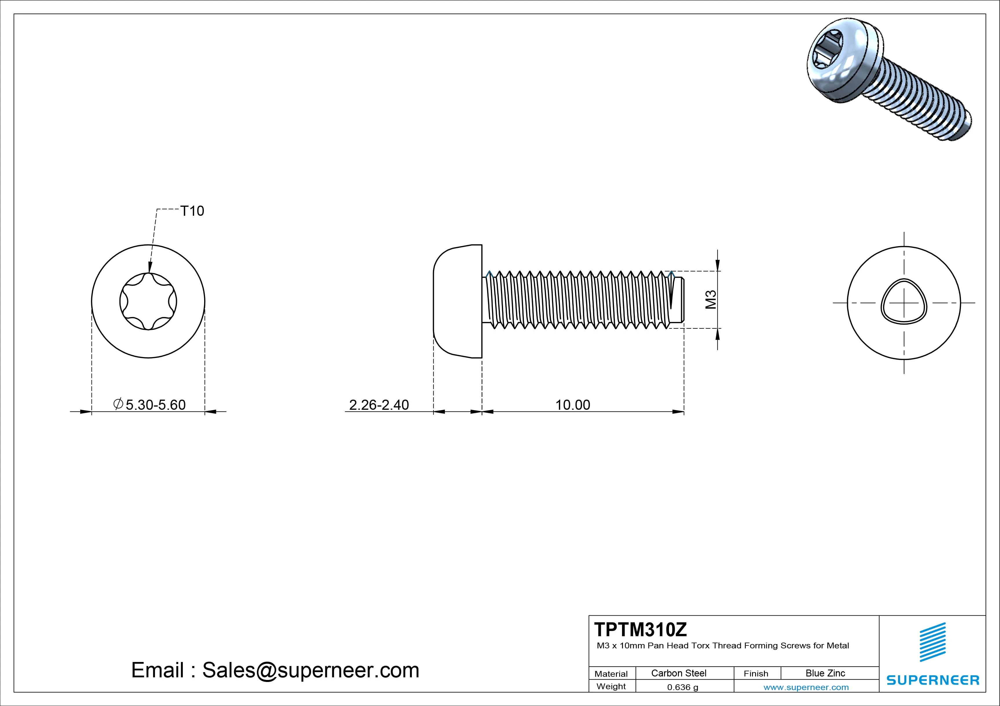 M3 × 10mm Pan Head Torx Thread Rolling Screws for Metal Steel Blue Zinc Plated