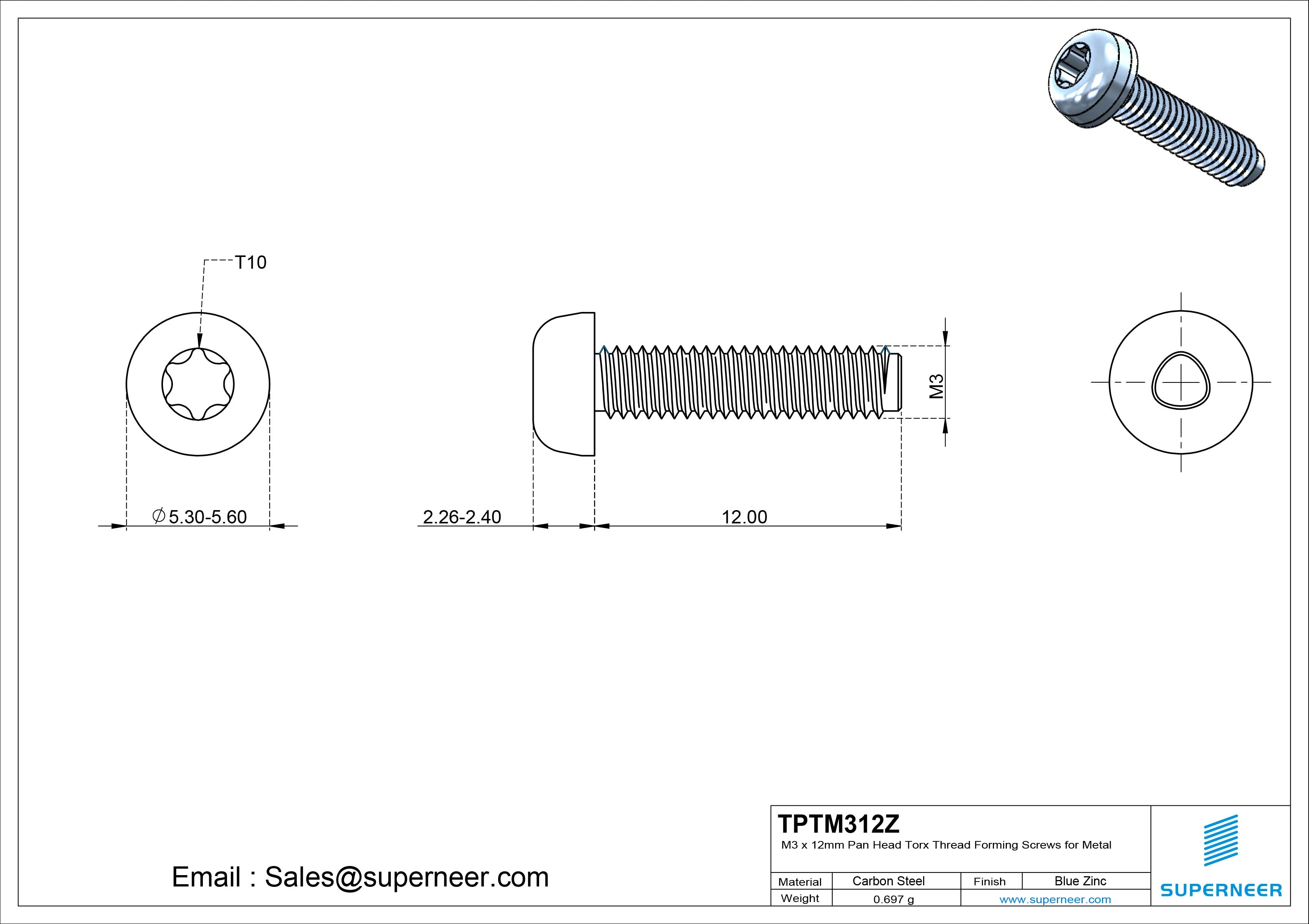 M3 × 12mm Pan Head Torx Thread Rolling  Screws for Metal Steel Blue Zinc Plated