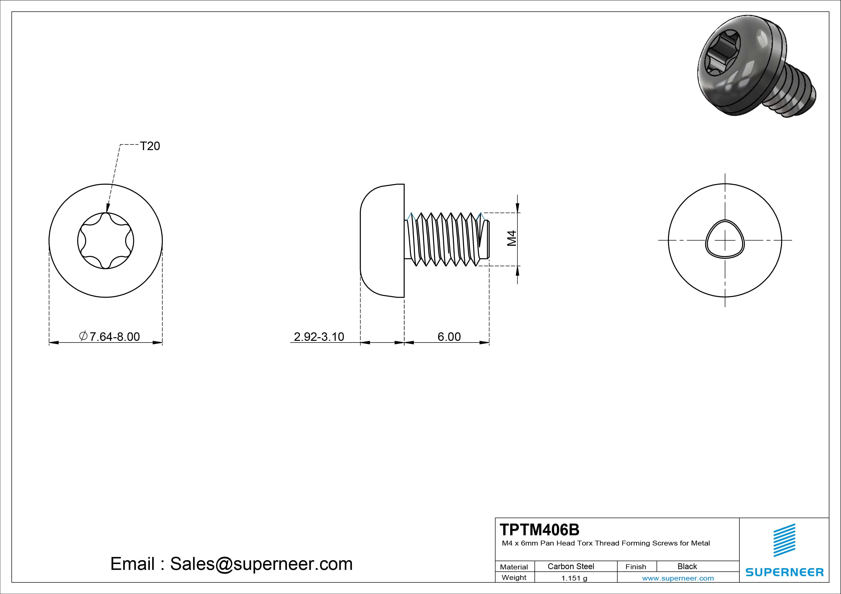 M4 × 6mm Pan Head Torx Thread Forming Screws for Metal Steel Black