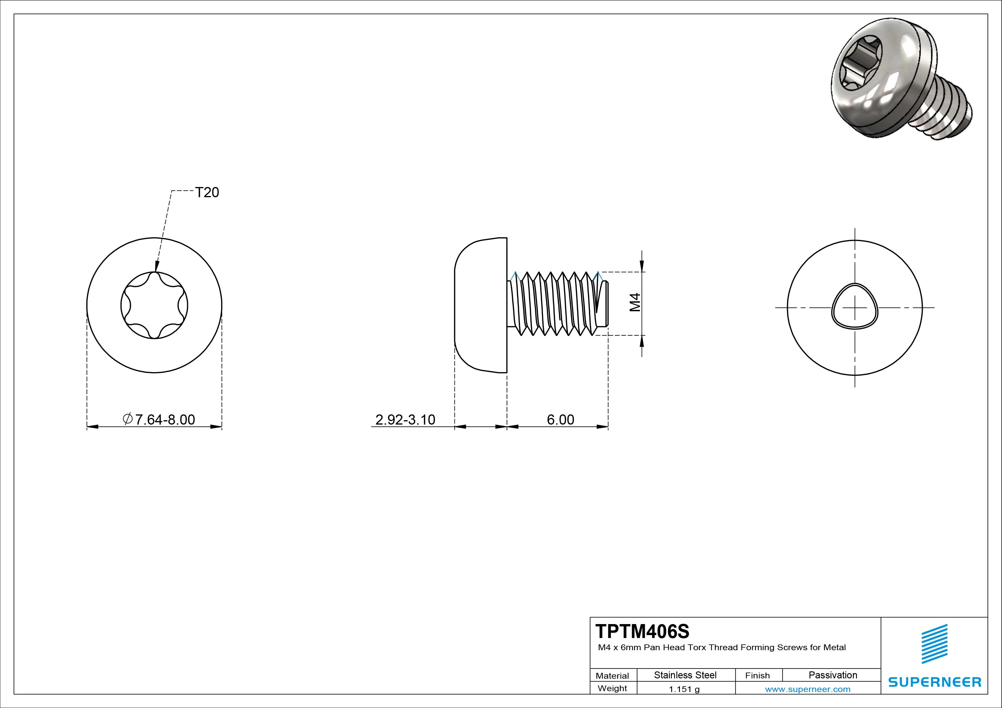 M4 × 6mm Pan Head Torx Thread Forming Screws for Metal SUS304 Stainless Steel Inox