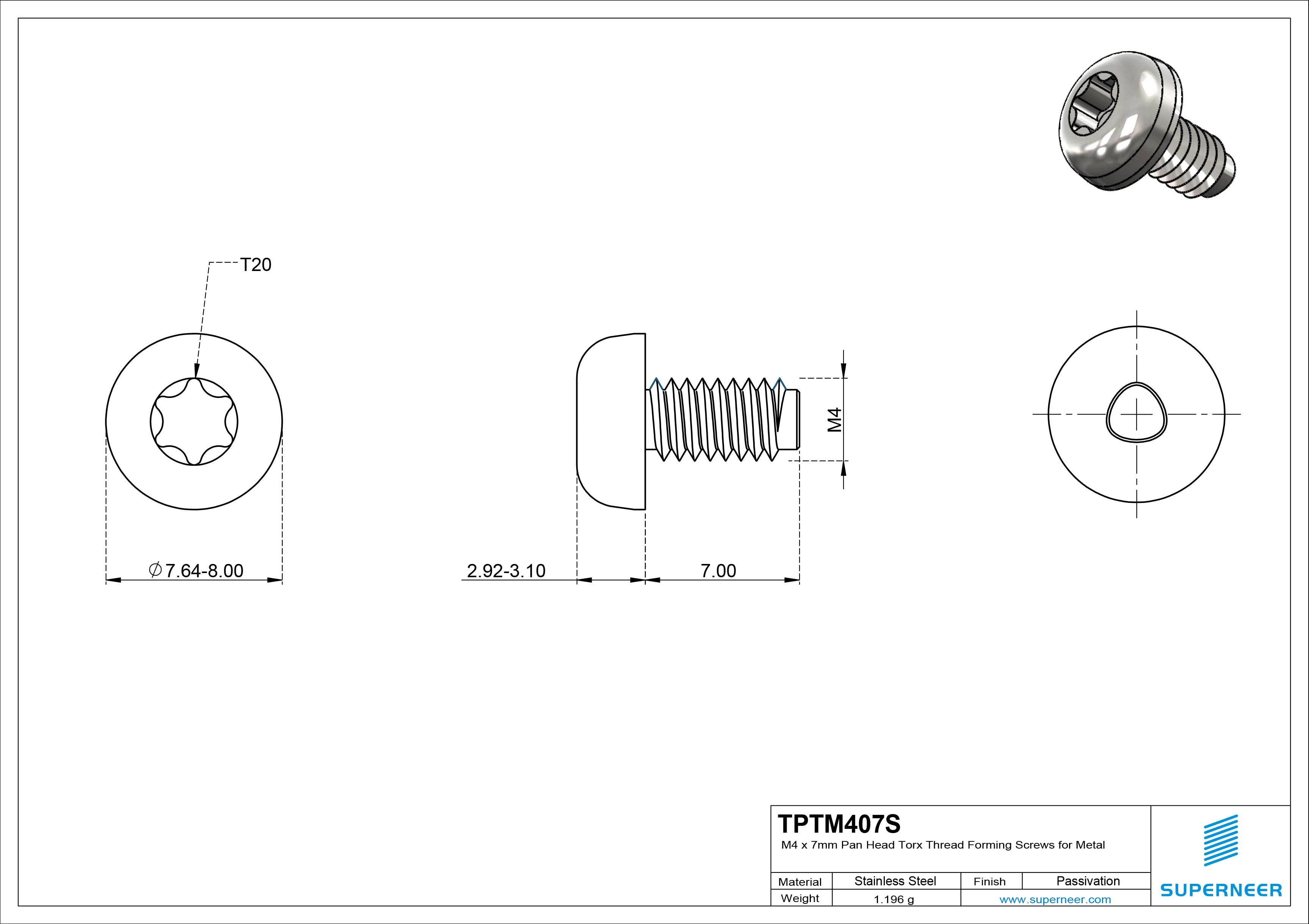 M4 × 7mm Pan Head Torx Thread Forming Screws for Metal SUS304 Stainless Steel Inox