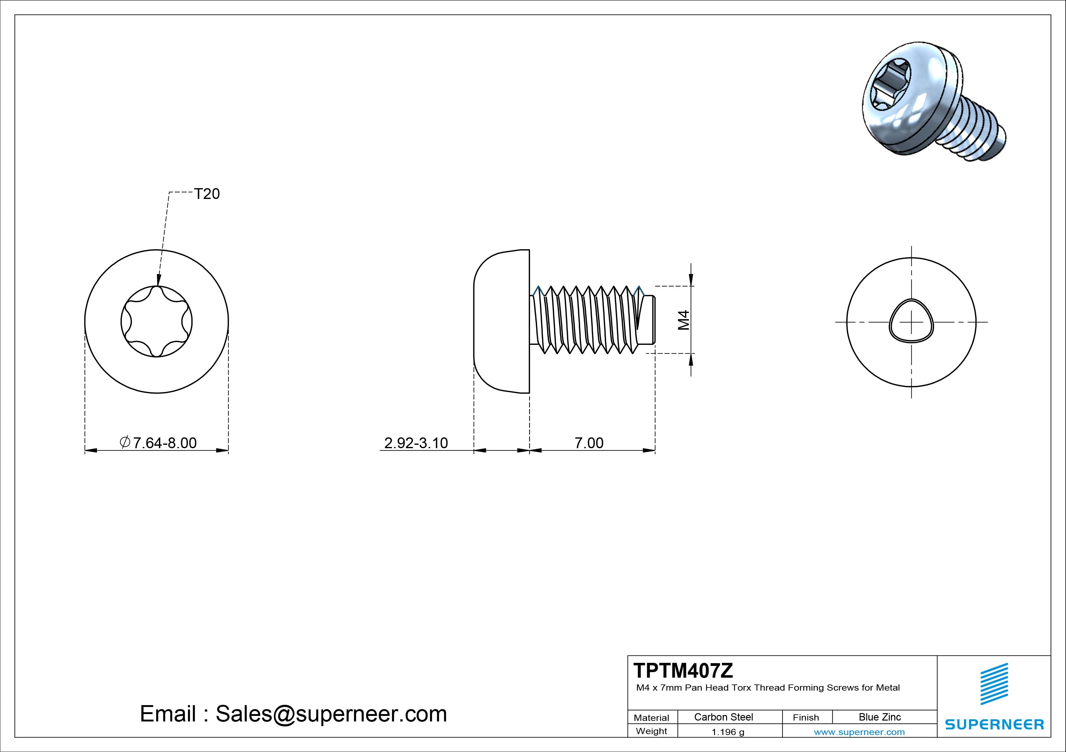 M4 × 7mm Pan Head Torx Thread Rolling Screws for Metal Steel Blue Zinc Plated