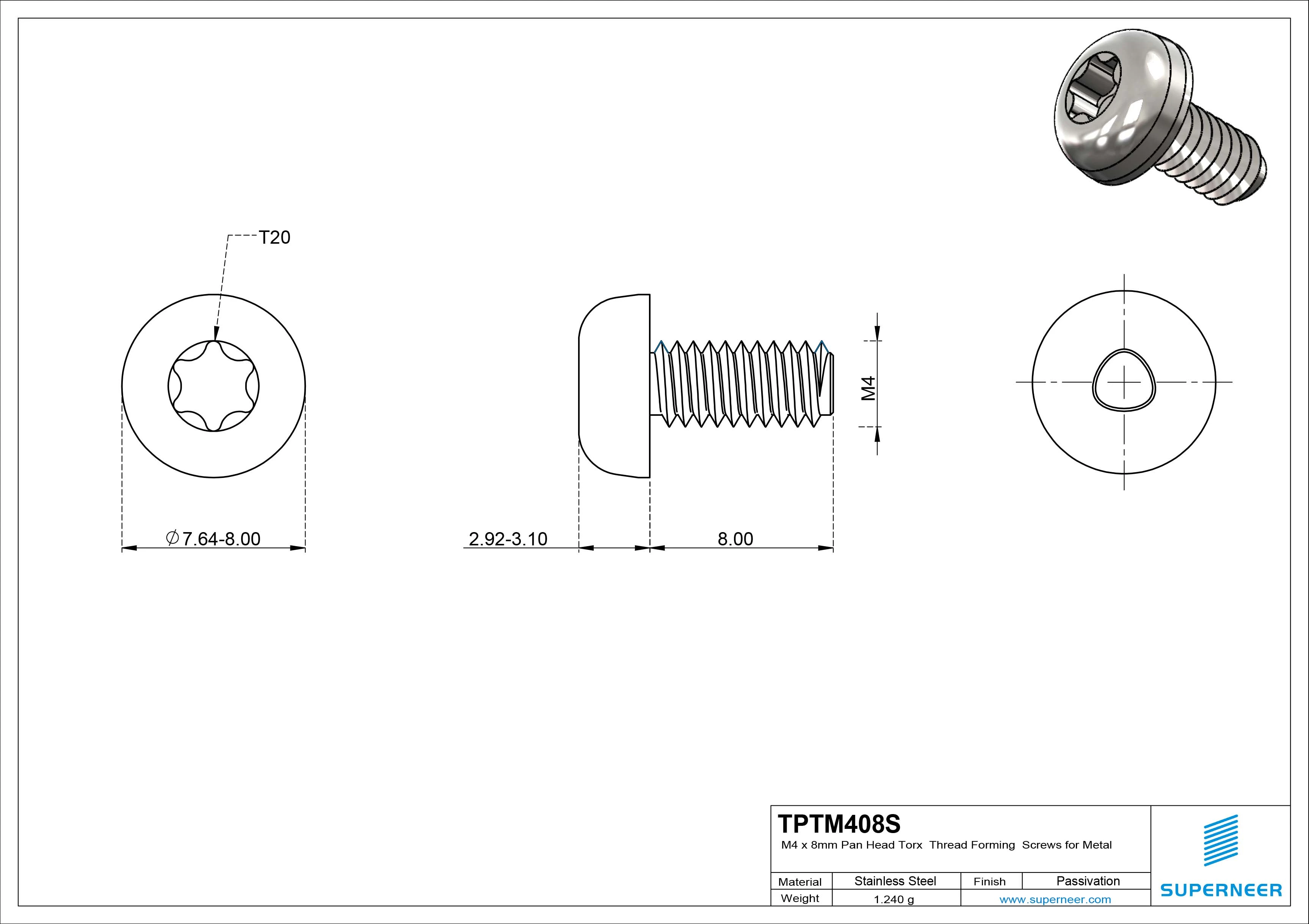 M4 × 8mm Pan Head Torx Thread Forming Screws for Metal SUS304 Stainless Steel Inox