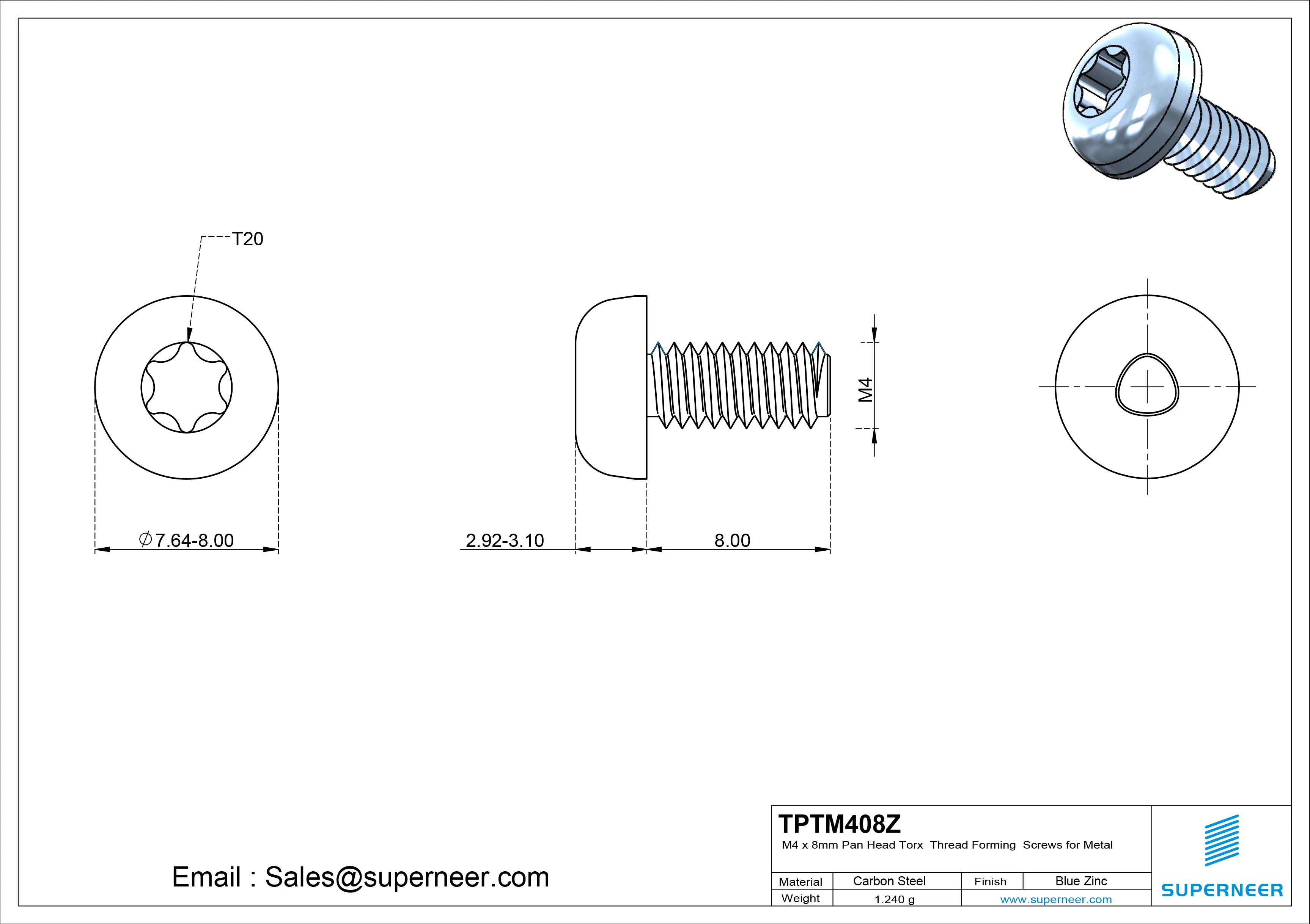 M4 × 8mm Pan Head Torx Thread Rolling Screws for Metal Steel Blue Zinc Plated