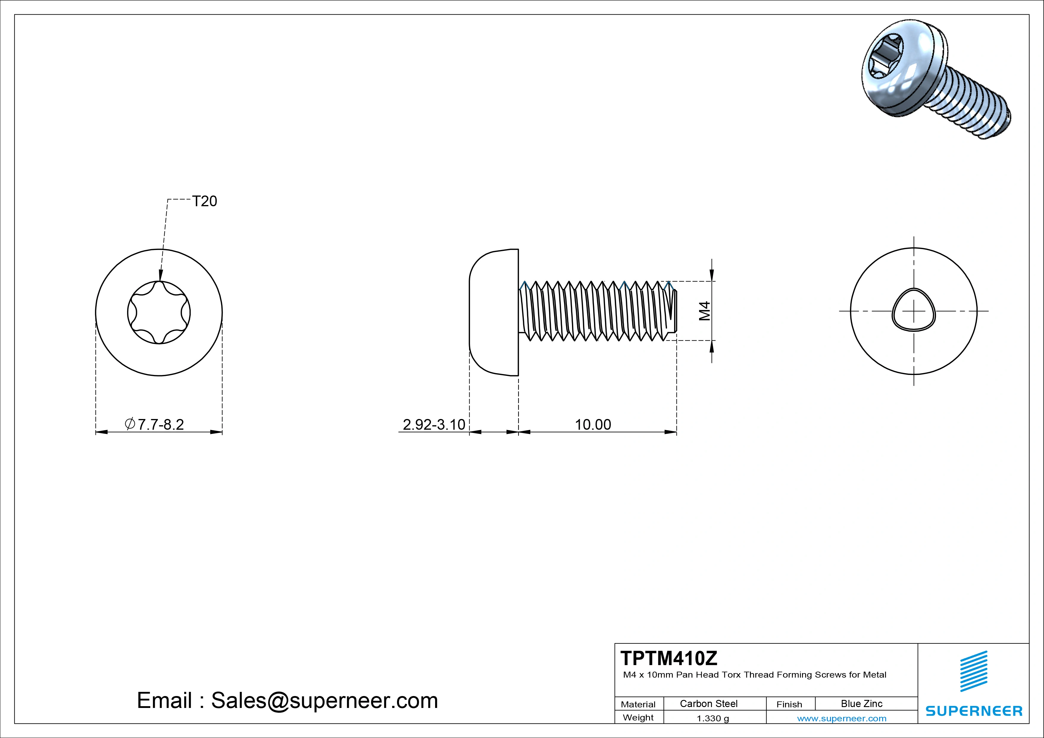 M4 × 10mm Pan Head Torx Thread Rolling Screws for Metal Steel Blue Zinc Plated