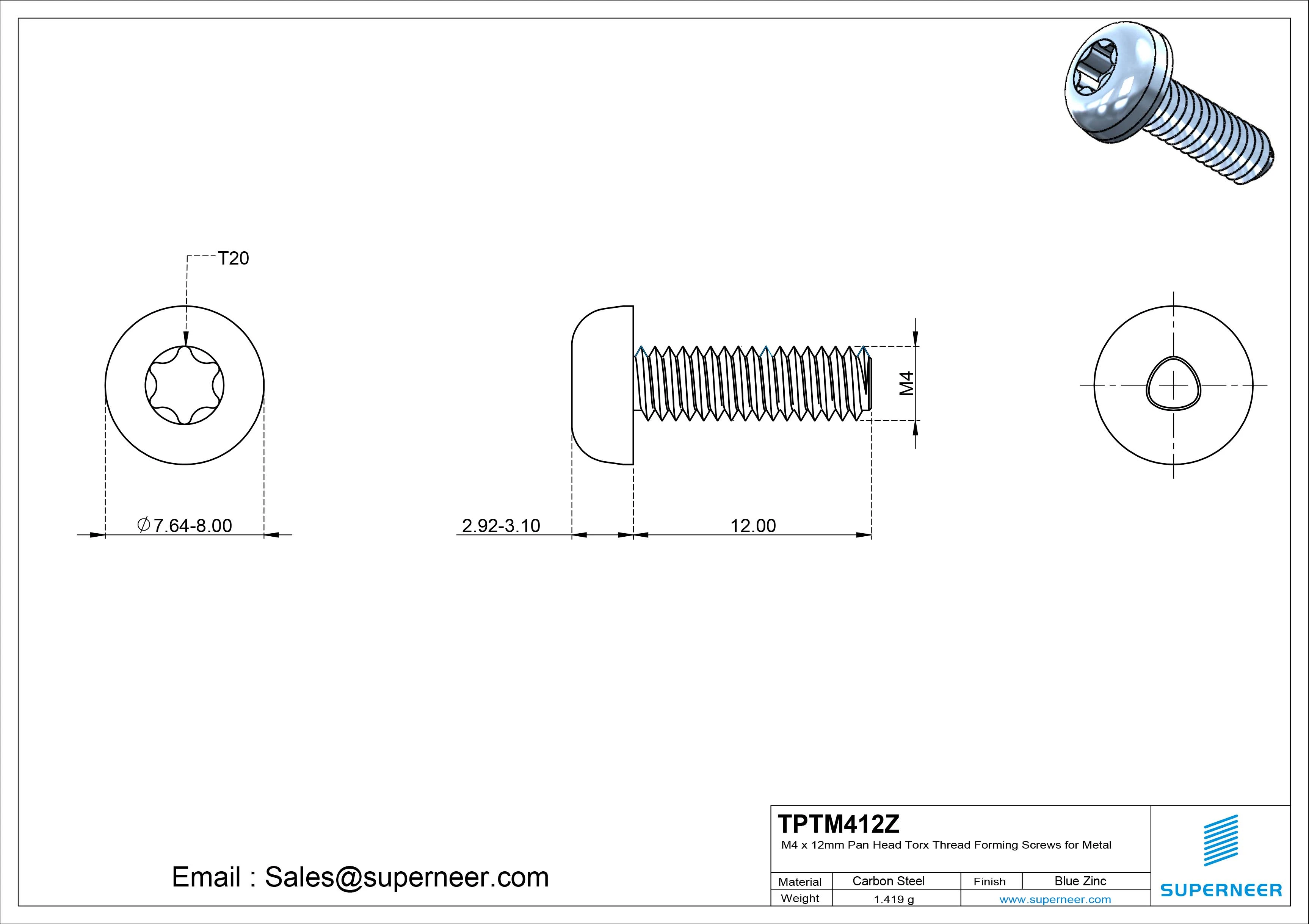 M4 × 12mm Pan Head Torx Thread Rolling Screws for Metal Steel Blue Zinc Plated