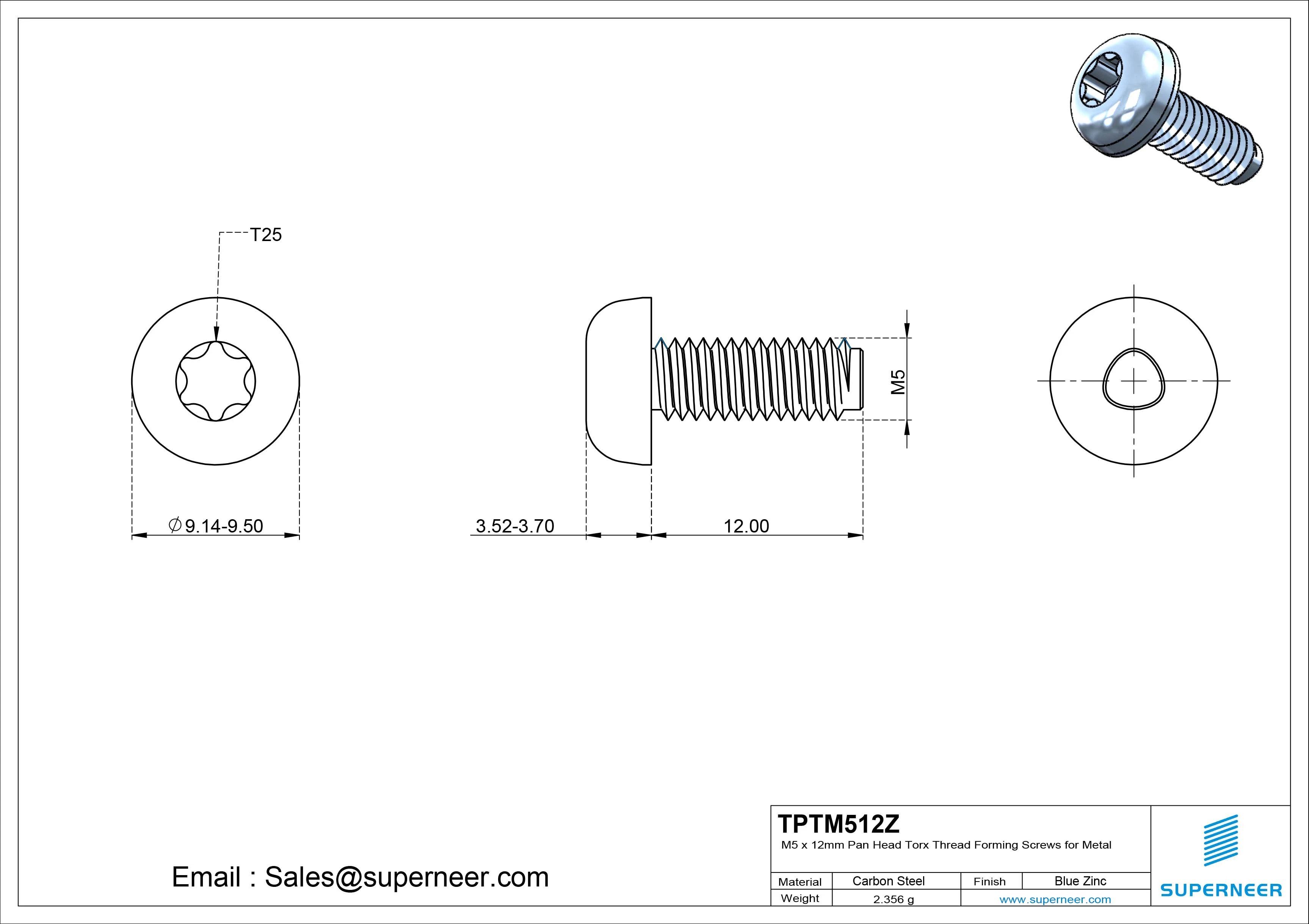 M5 × 12mm Pan Head Torx Thread Rolling Screws for Metal Steel Blue Zinc Plated