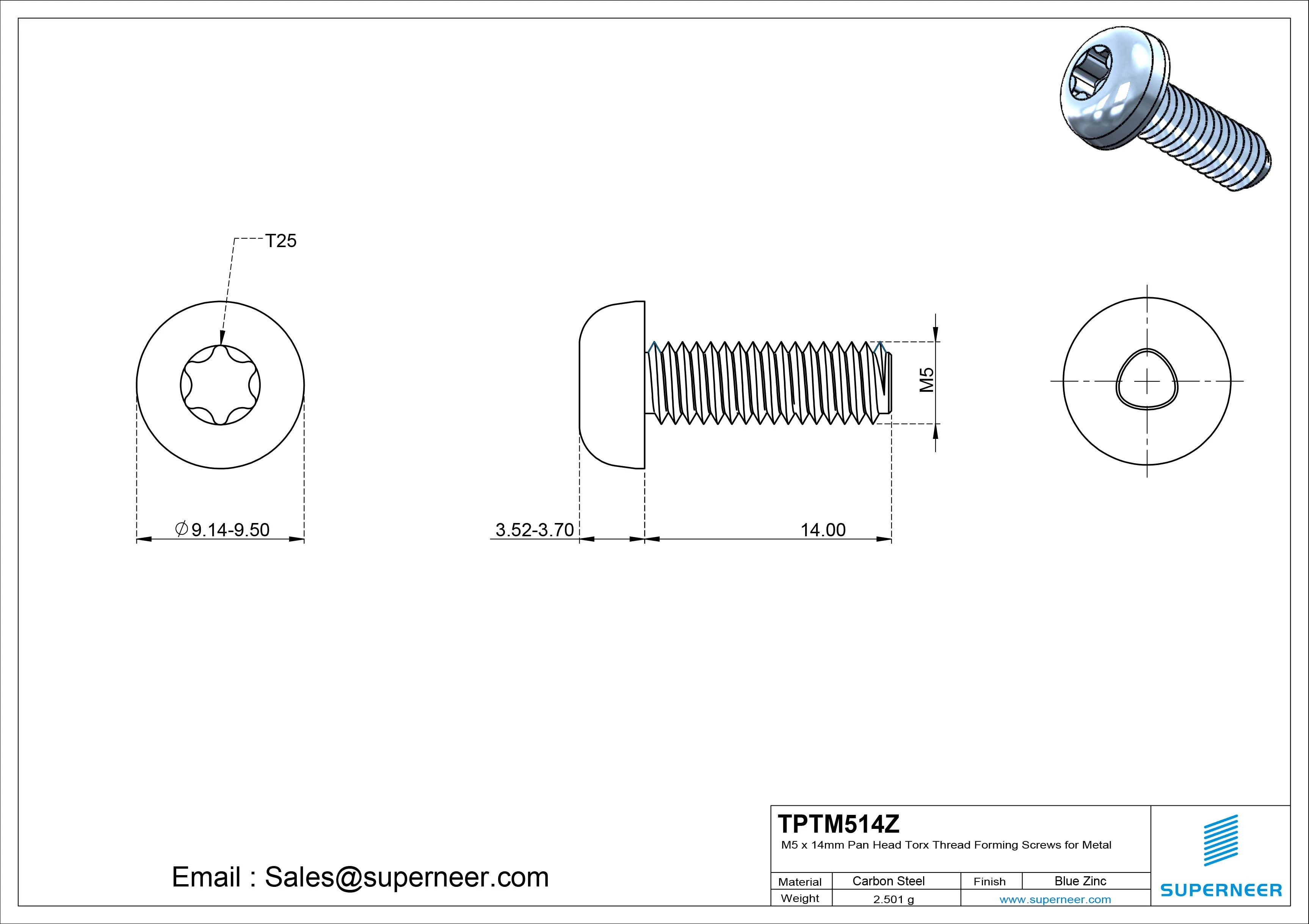 M5 × 14mm Pan Head Torx Thread Rolling Screws for Metal Steel Blue Zinc Plated