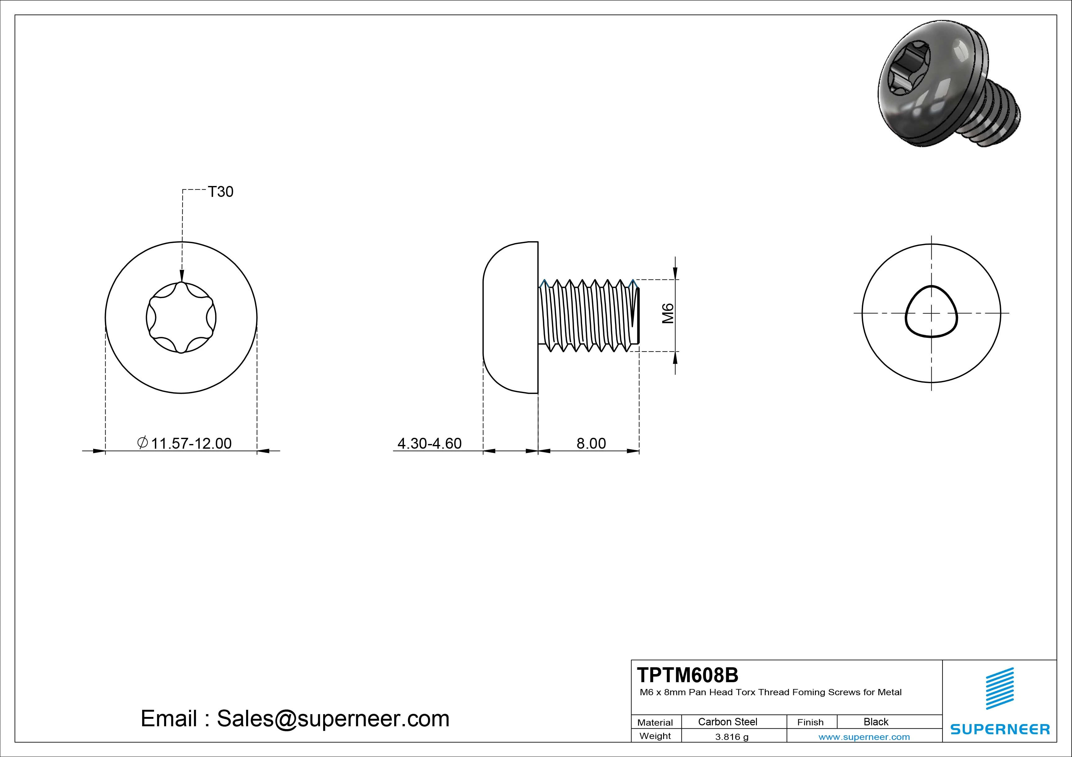 M6 × 8mm Pan Head Torx Thread Forming Screws for Metal Steel Black