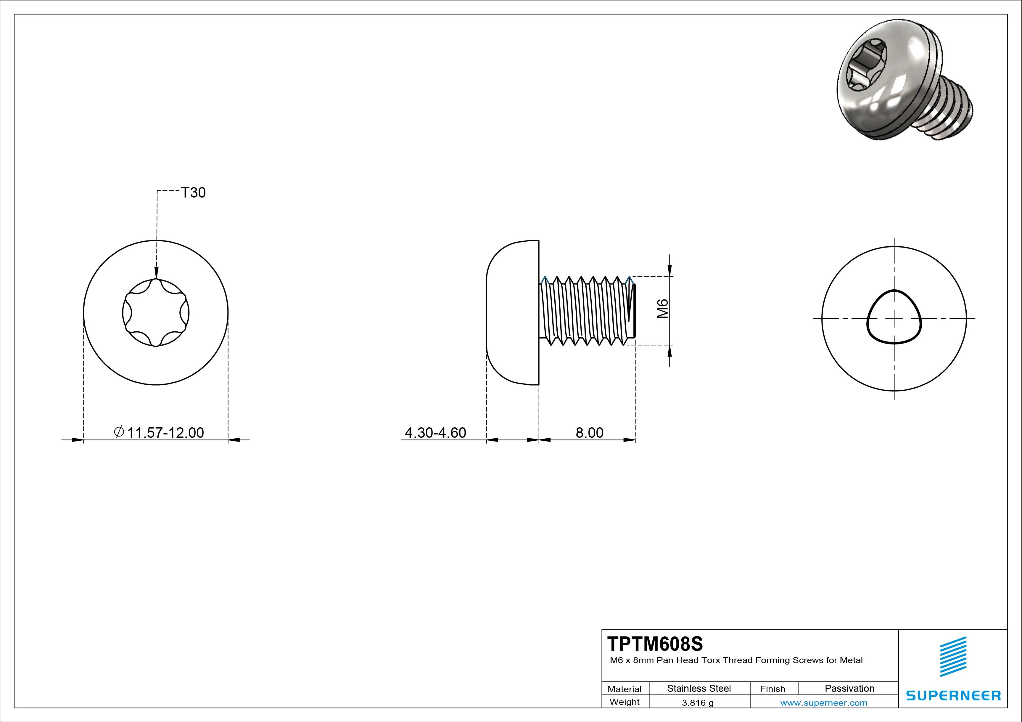 M6 × 8mm Pan Head Torx Thread Forming Screws for Metal SUS304 Stainless Steel Inox