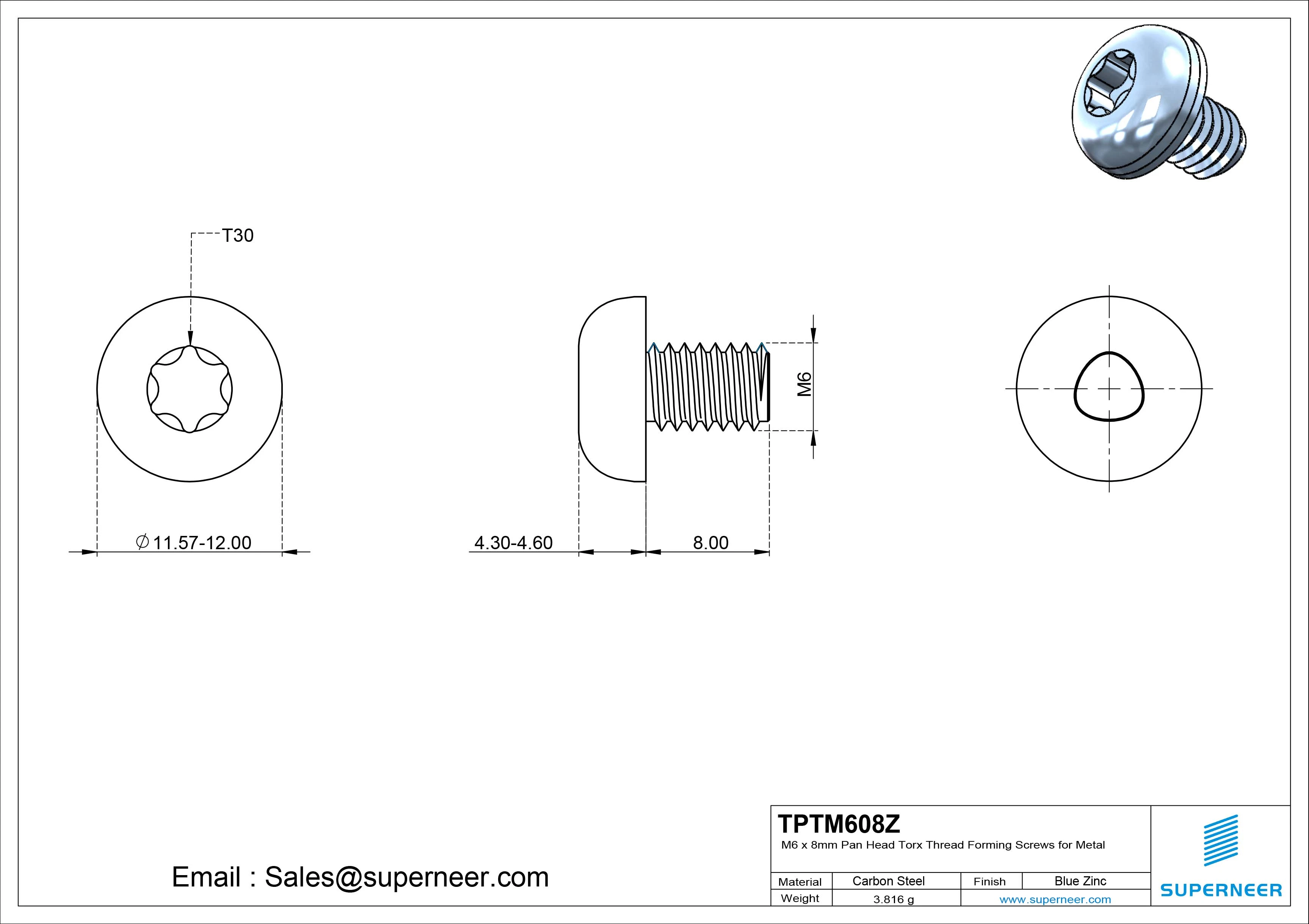 M6 × 8mm Pan Head Torx Thread Rolling Screws for Metal Steel Blue Zinc Plated