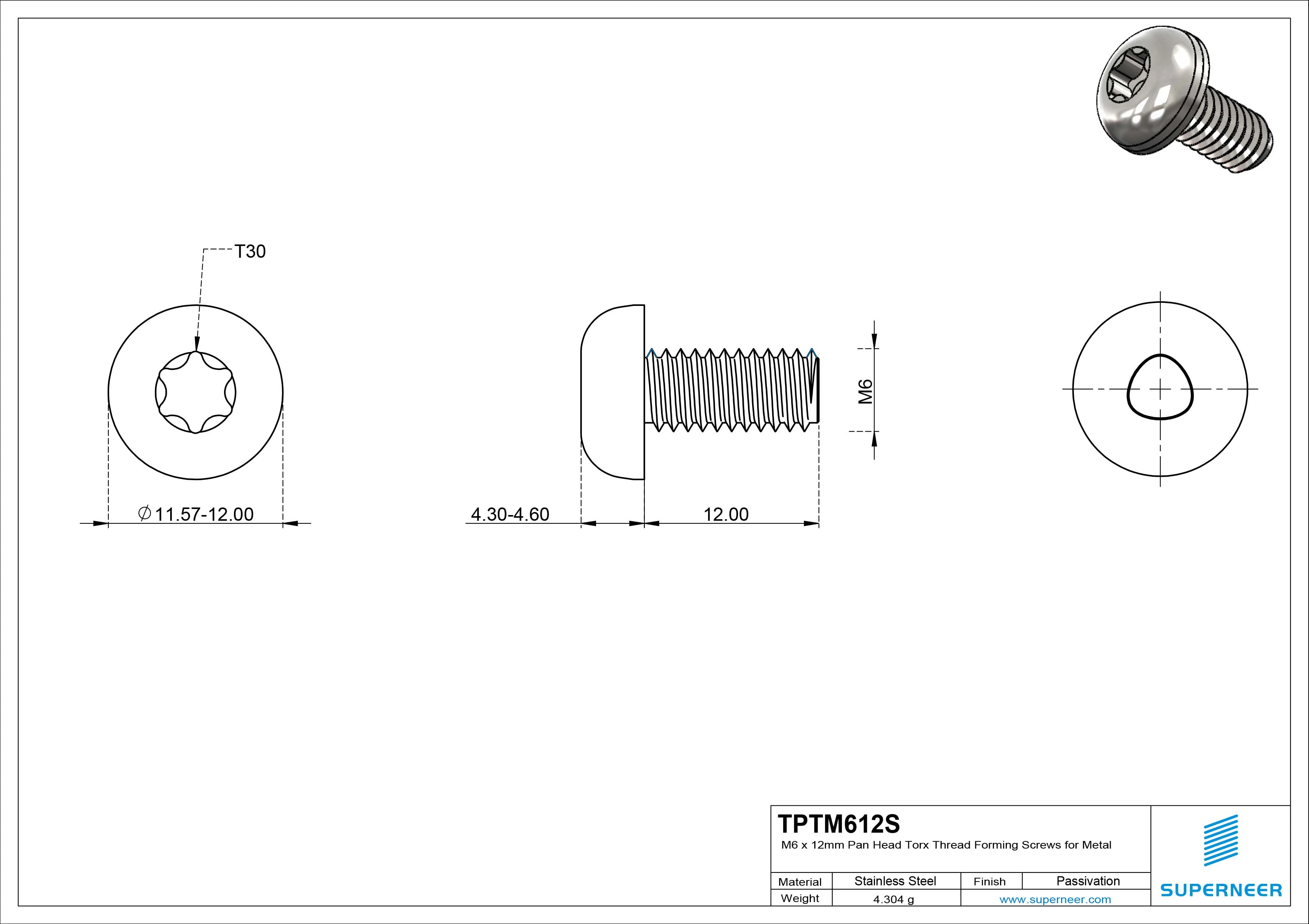 M6 × 12mm Pan Head Torx Thread Forming Screws for Metal SUS304 Stainless Steel Inox