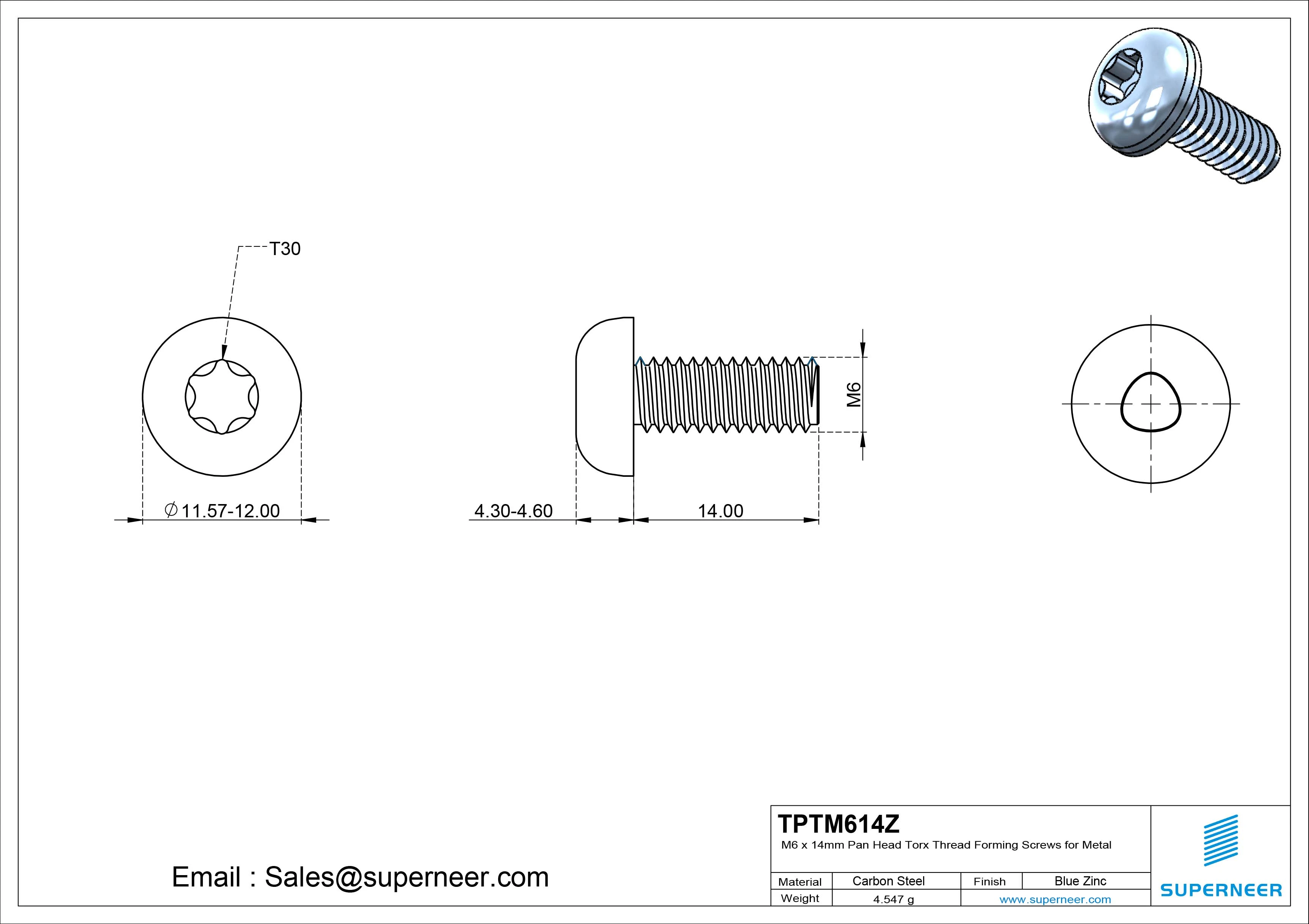 High Quality DIN7500 M6 × 14mm Pan Head Torx Thread Rolling Screws for Metal Steel Blue Zinc Plated