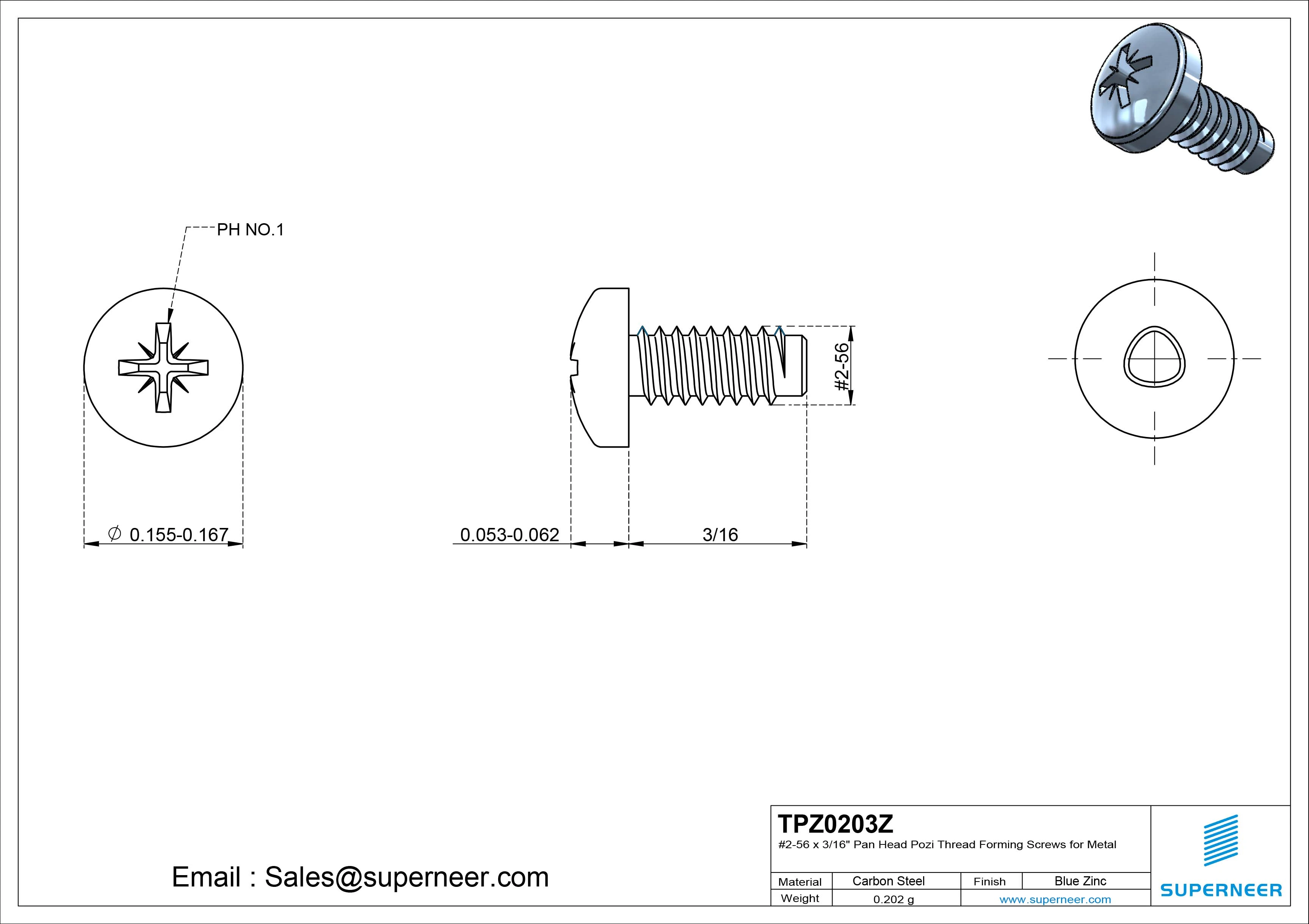 2-56 × 3/16 Pan Head Pozi Thread Forming  Screws for Metal  Steel Blue Zinc Plated