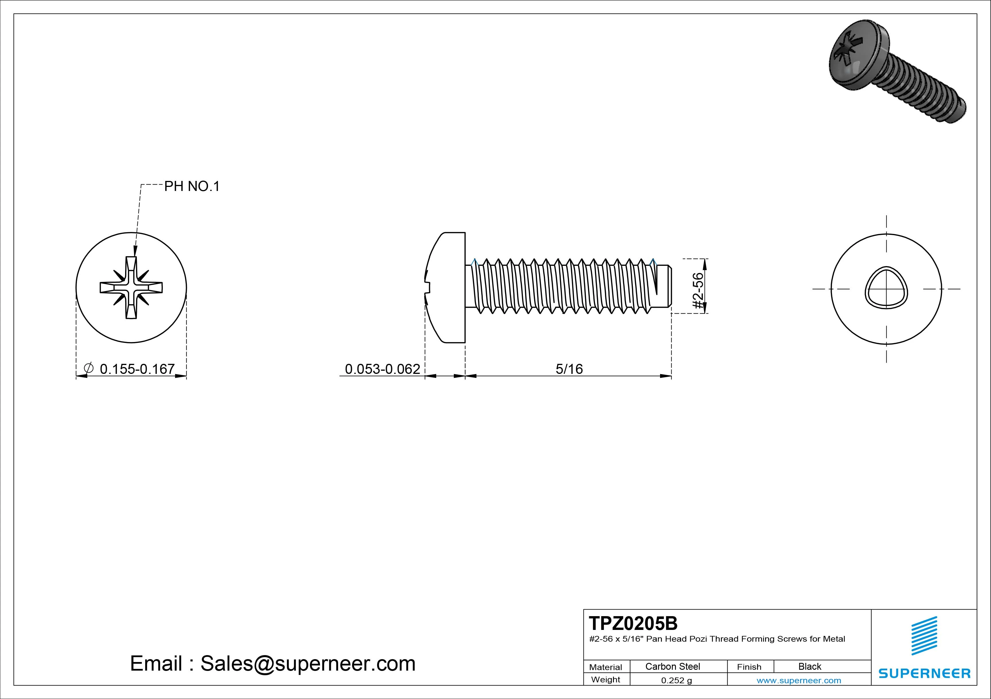 2-56 × 5/16 Pan Head Pozi Thread Forming  Screws for Metal  Steel Black