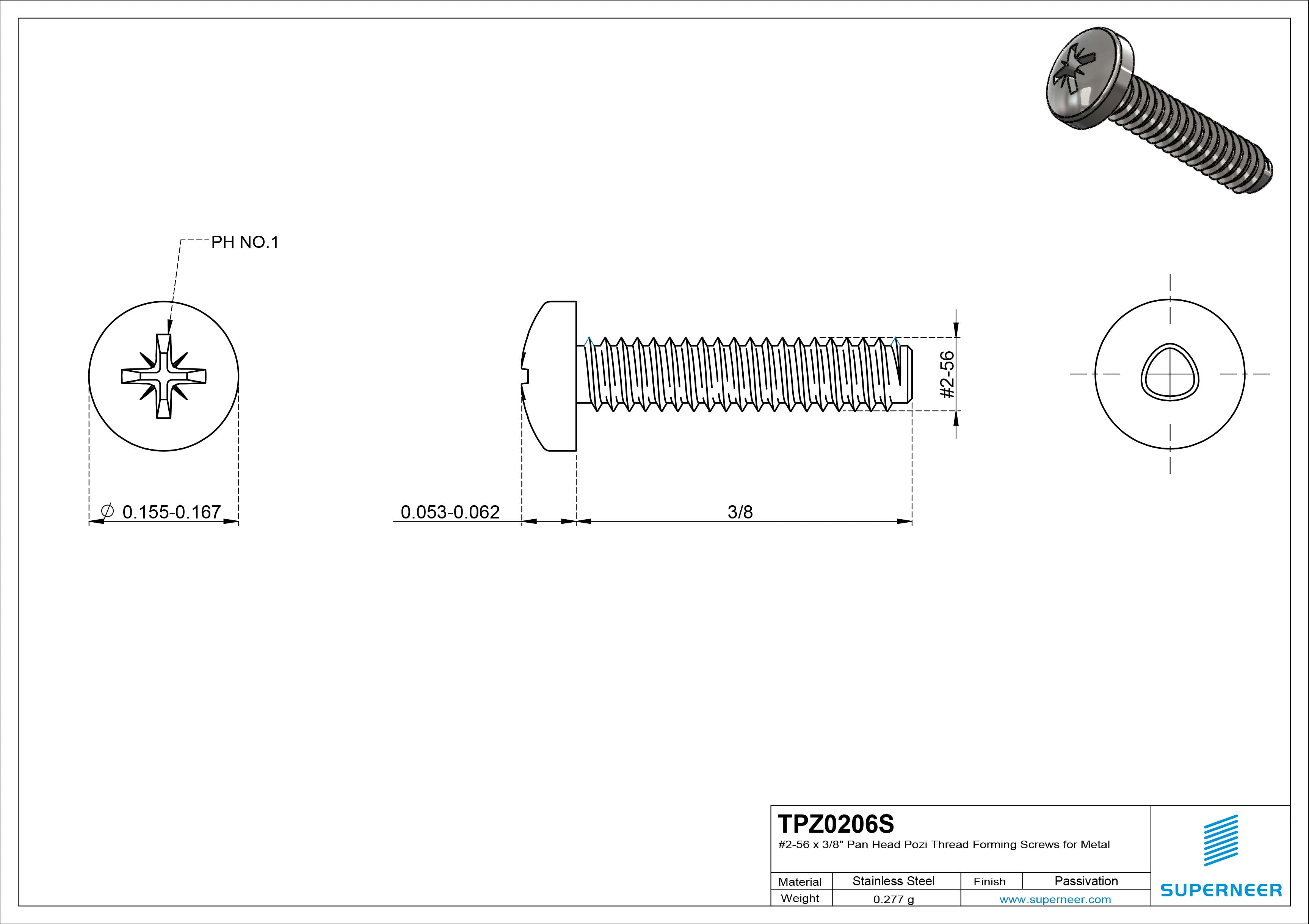 2-56 × 3/8 Pan Head Pozi Thread Forming  Screws for Metal  SUS304 Stainless Steel Inox