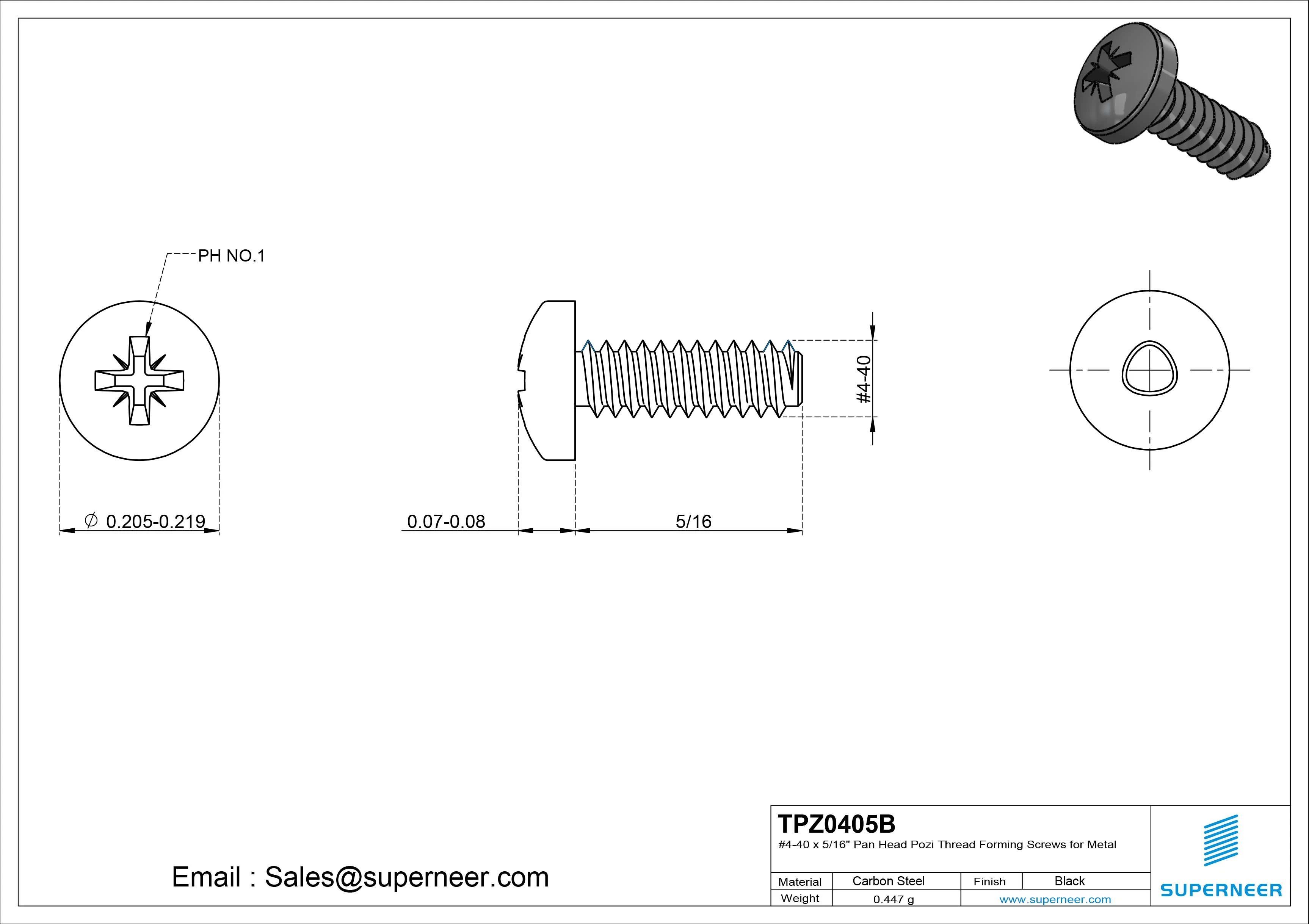 4-40 × 5/16 Pan Head Pozi Thread Forming  Screws for Metal  Steel Black