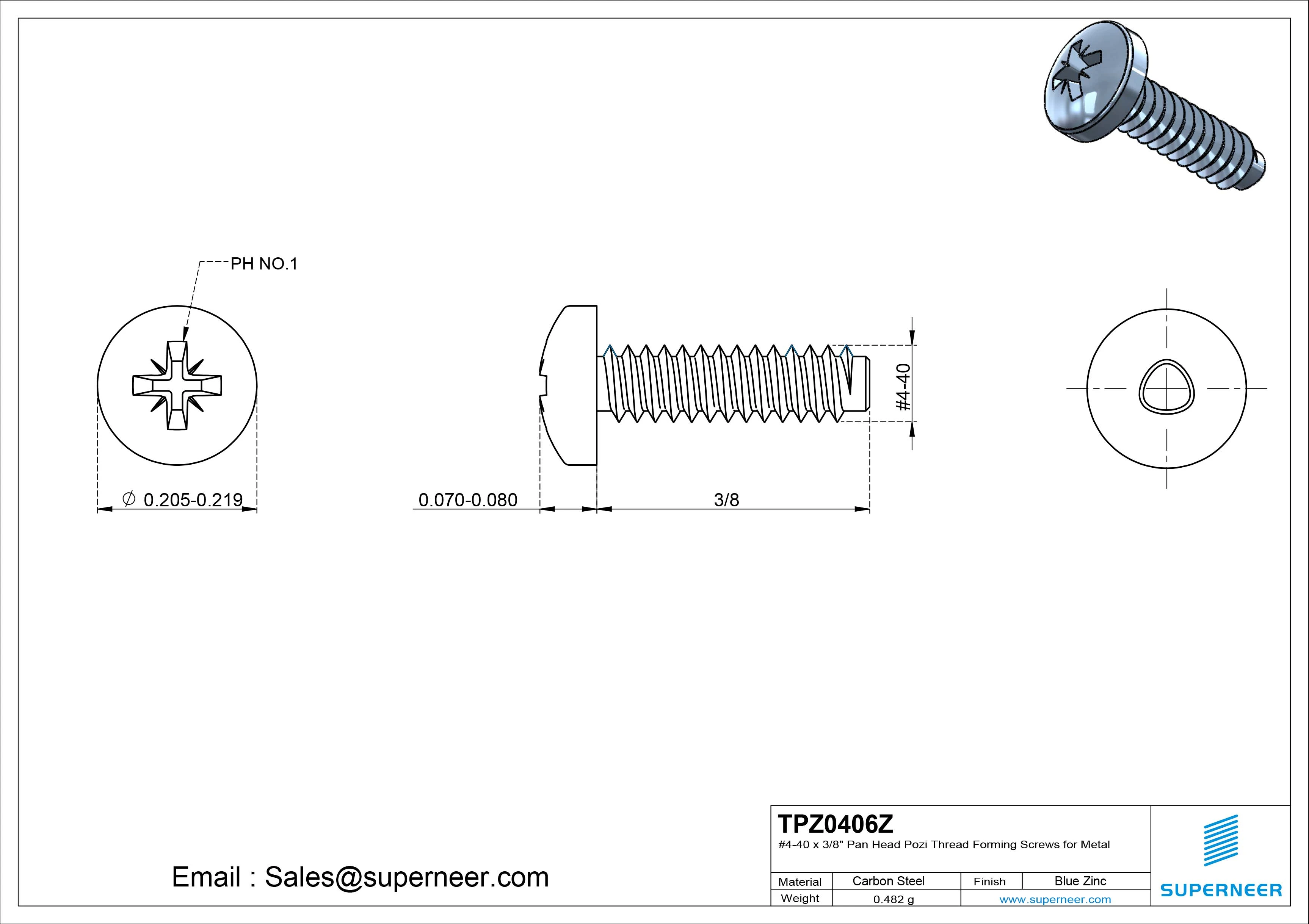 4-40 × 3/8 Pan Head Pozi Thread Forming  Screws for Metal  Steel Blue Zinc Plated