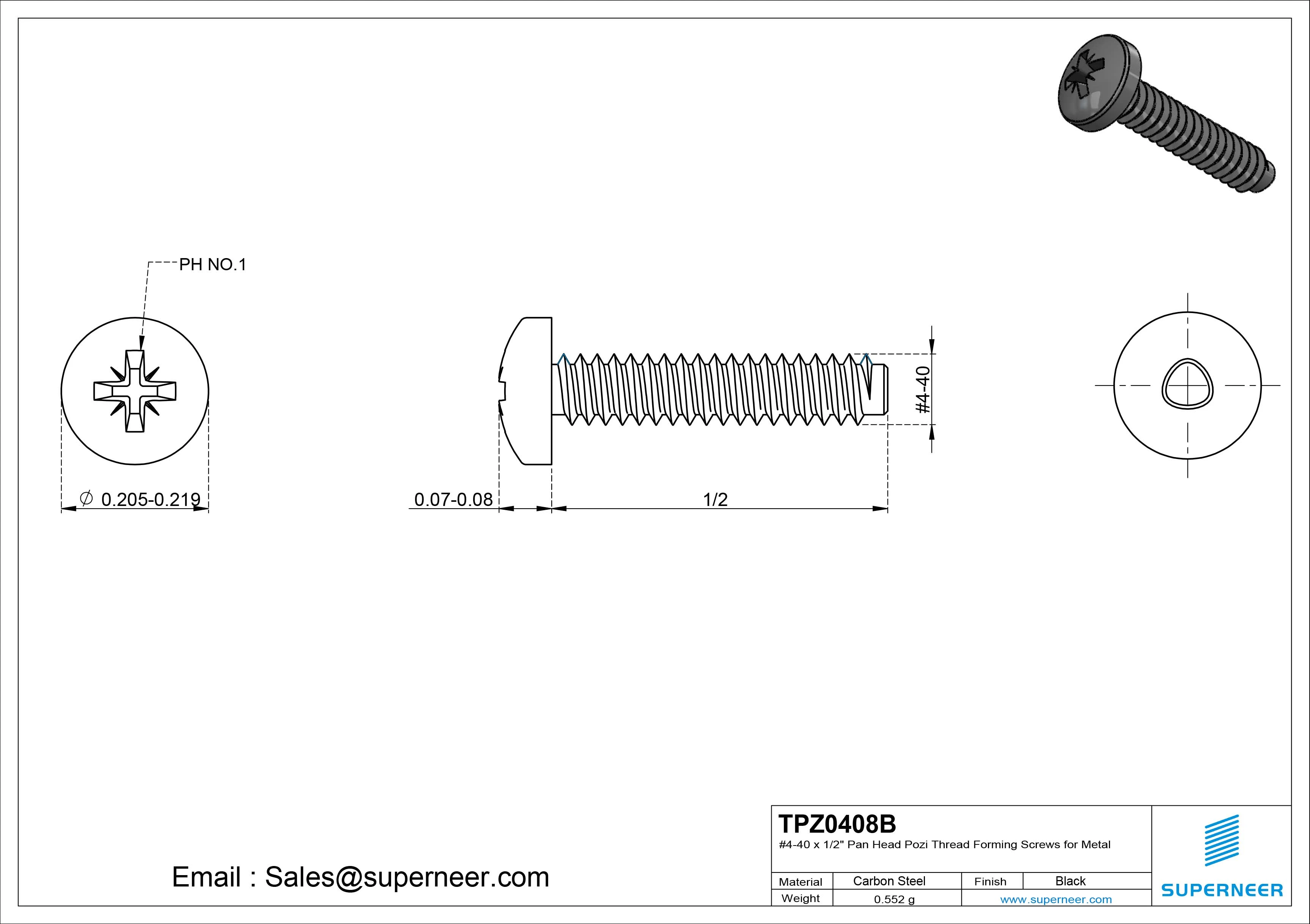 4-40 × 1/2 Pan Head Pozi Thread Forming  Screws for Metal  Steel Black