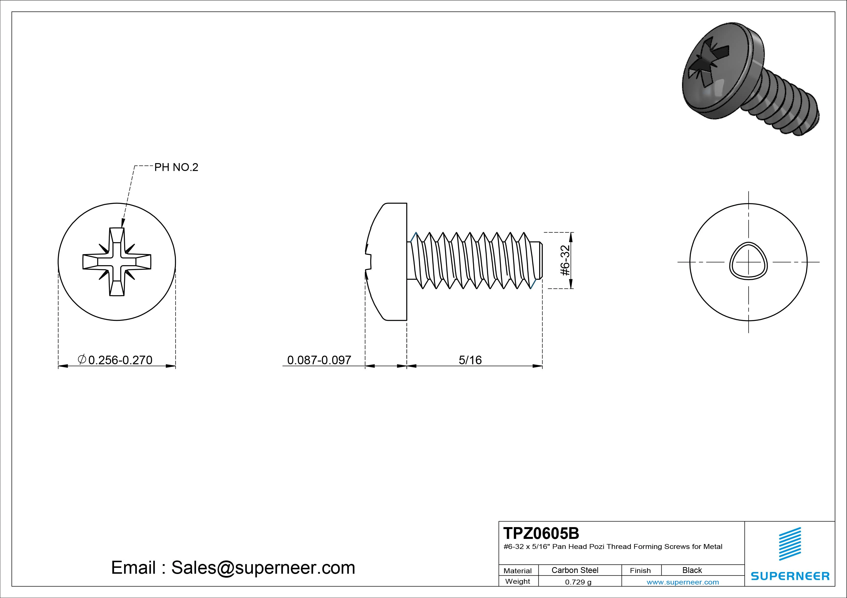 6-32 × 5/16 Pan Head Pozi Thread Forming  Screws for Metal  Steel Black