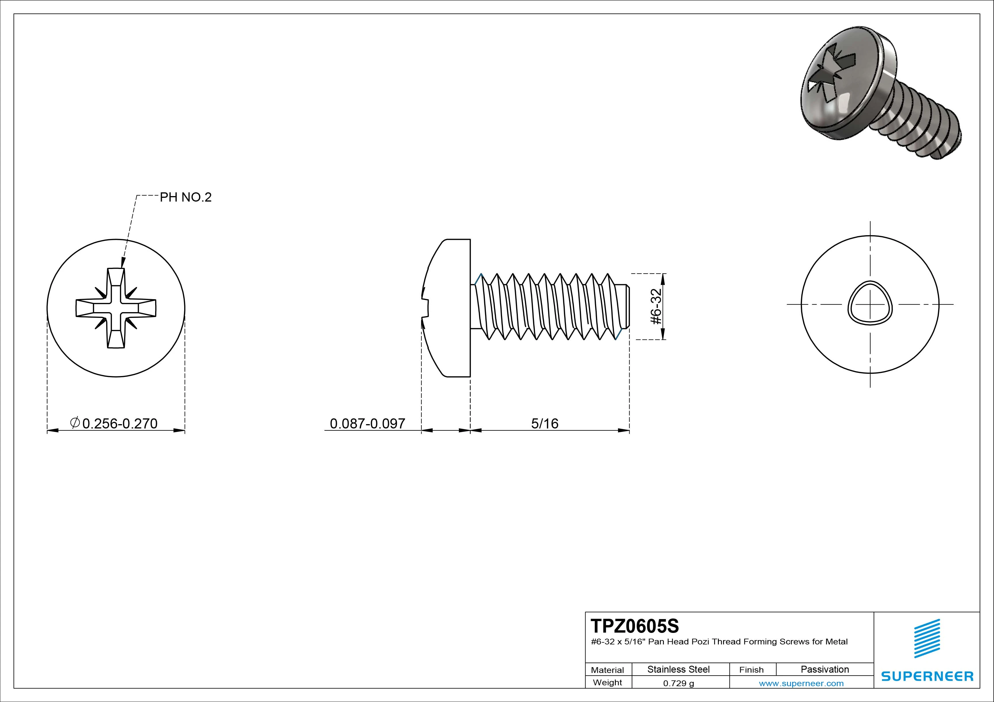 6-32 × 5/16 Pan Head Pozi Thread Forming  Screws for Metal  SUS304 Stainless Steel Inox