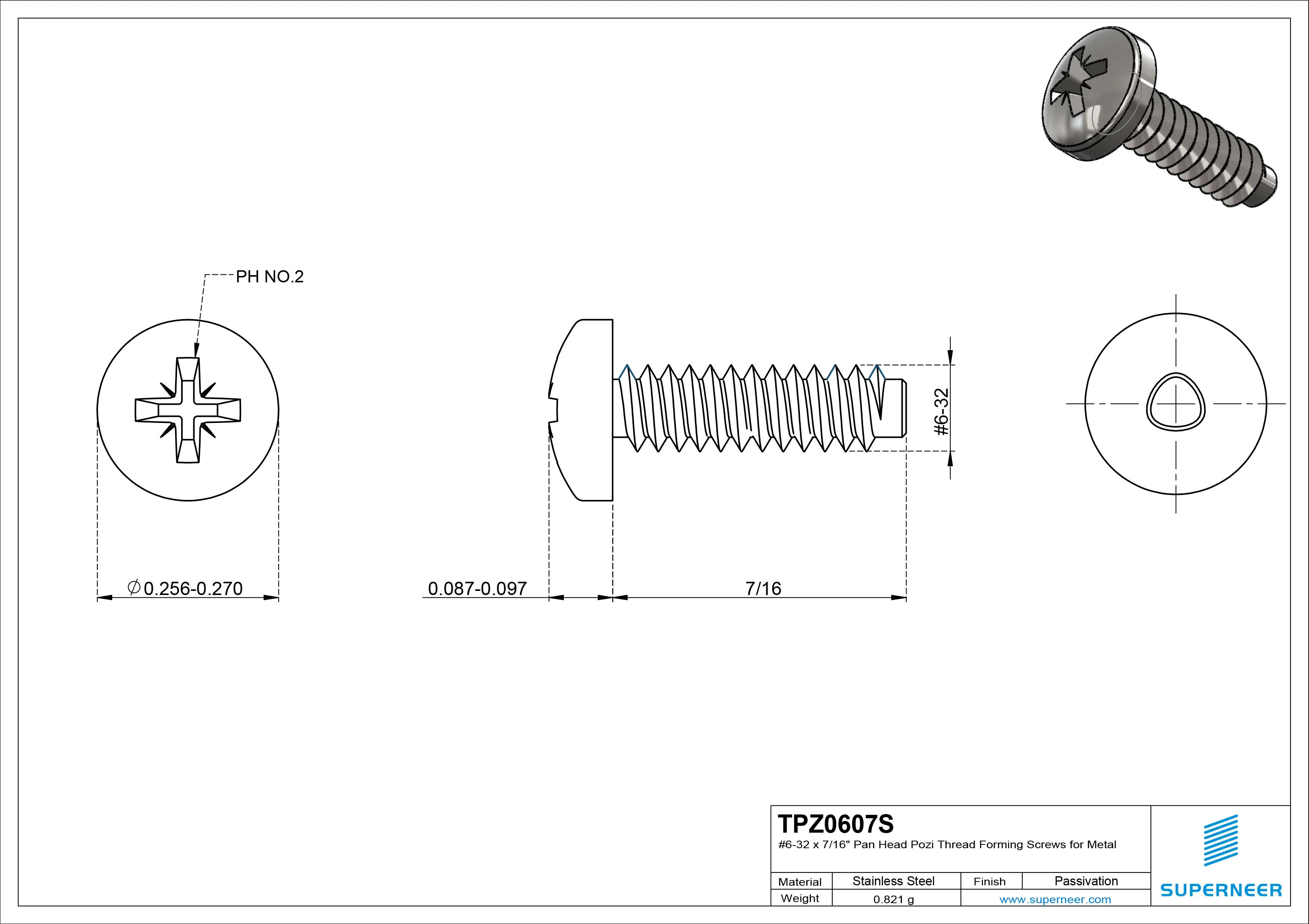6-32 × 7/16 Pan Head Pozi Thread Forming  Screws for Metal  SUS304 Stainless Steel Inox